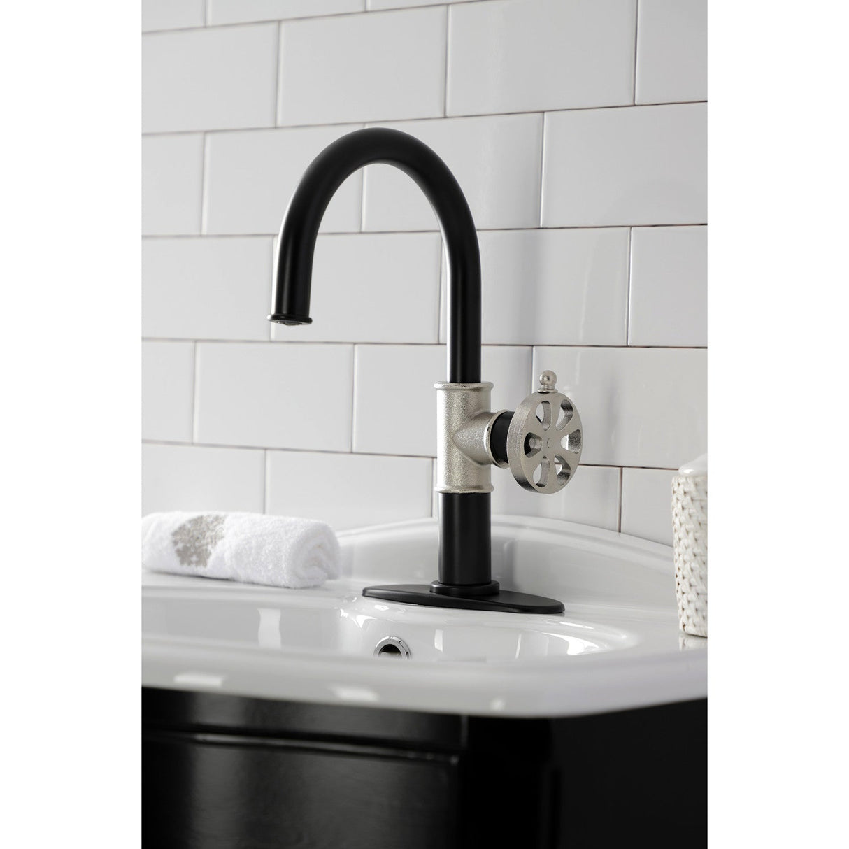 Belknap KSD2236RX Single-Handle 1-Hole Deck Mount Bathroom Faucet with Push Pop-Up and Deck Plate, Matte Black/Polished Nickel