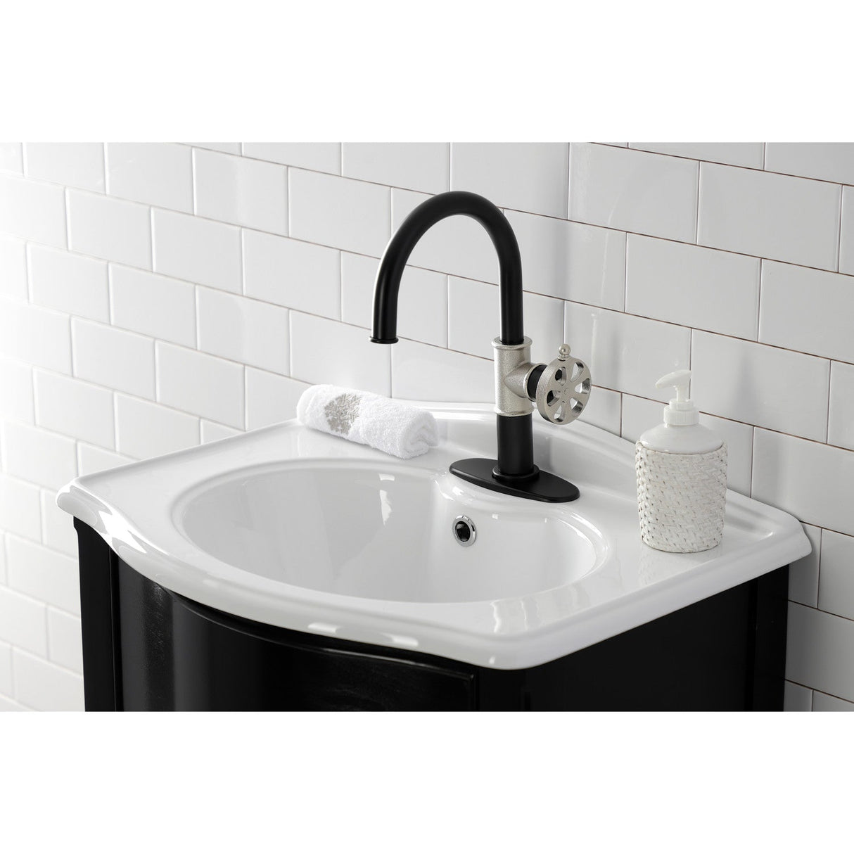 Belknap KSD2236RX Single-Handle 1-Hole Deck Mount Bathroom Faucet with Push Pop-Up and Deck Plate, Matte Black/Polished Nickel