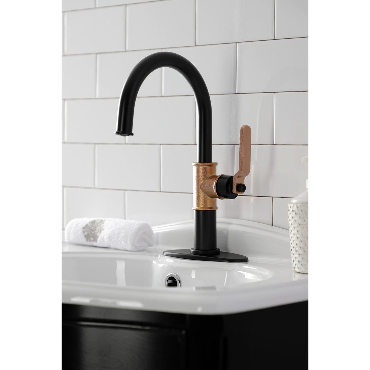Whitaker KSD2237KL Single-Handle 1-Hole Deck Mount Bathroom Faucet with Push Pop-Up and Deck Plate, Matte Black/Rose Gold