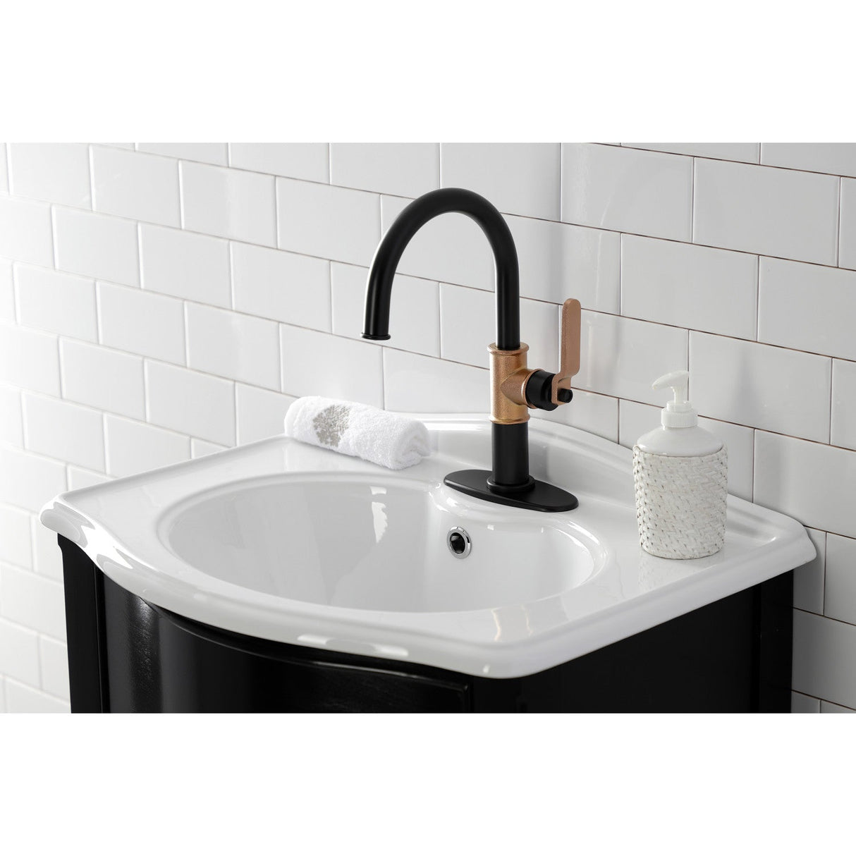 Whitaker KSD2237KL Single-Handle 1-Hole Deck Mount Bathroom Faucet with Push Pop-Up and Deck Plate, Matte Black/Rose Gold
