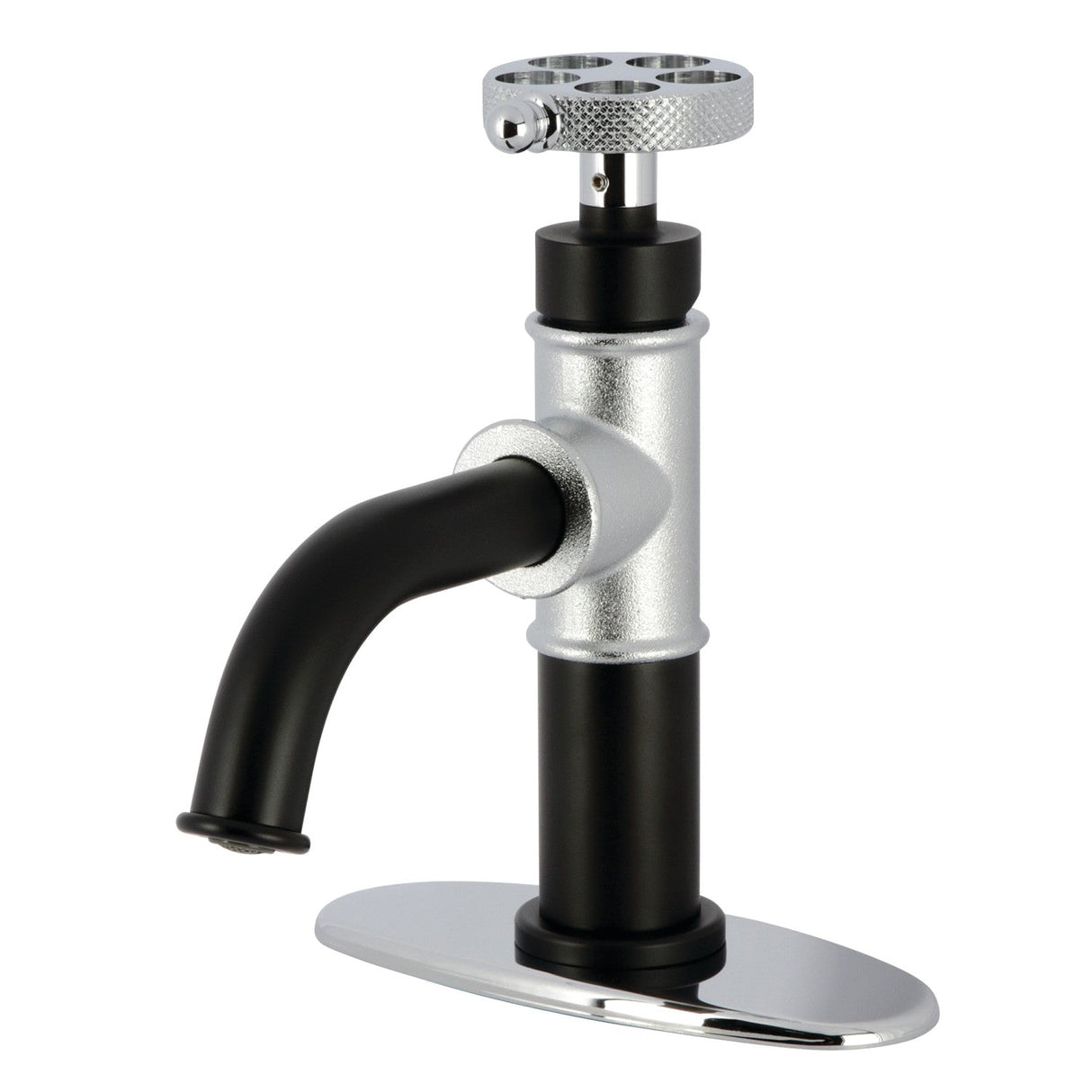 Webb KSD2821RKX Single-Handle 1-Hole Deck Mount Bathroom Faucet with Knurled Handle and Push Pop-Up Drain, Matte Black/Polished Chrome