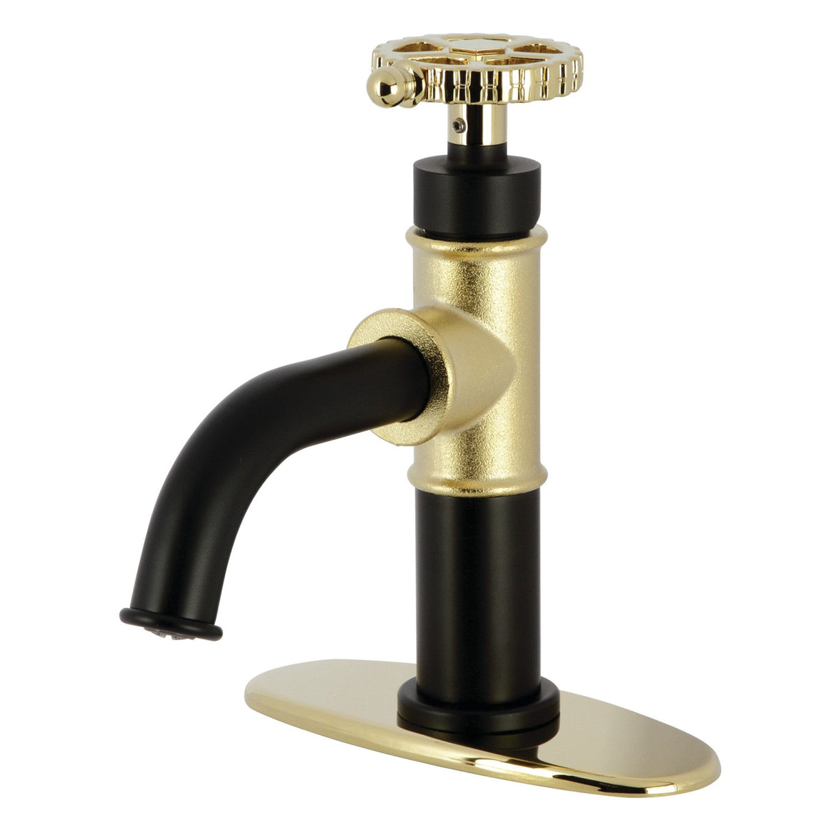 Fuller KSD2822CG Single-Handle 1-Hole Deck Mount Bathroom Faucet with Push Pop-Up and Deck Plate, Matte Black/Polished Brass