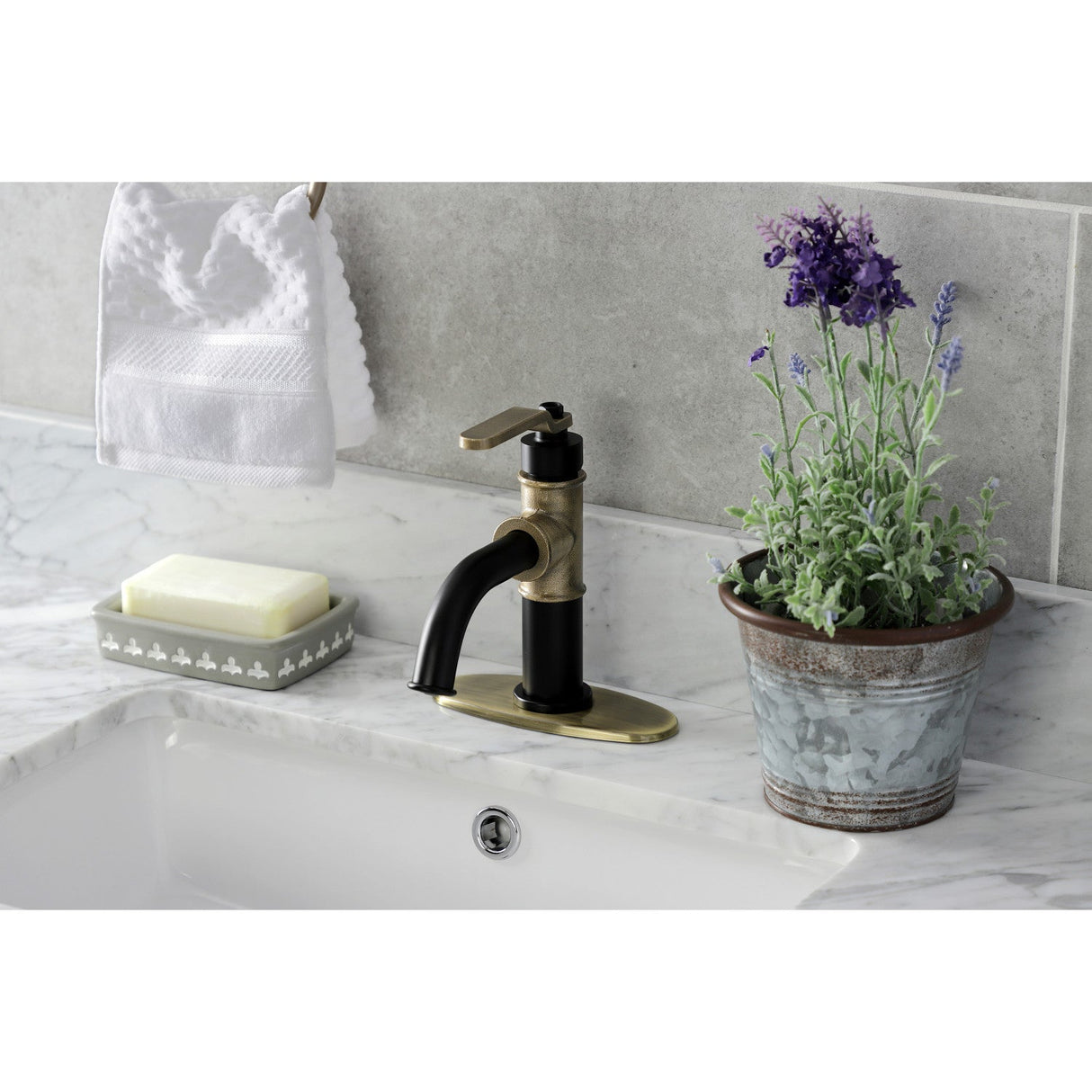 Whitaker KSD2823KL Single-Handle 1-Hole Deck Mount Bathroom Faucet with Push Pop-Up and Deck Plate, Matte Black/Antique Brass