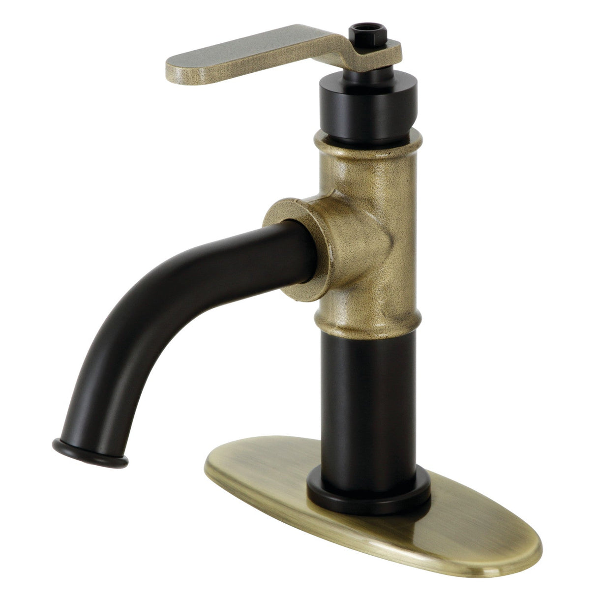 Whitaker KSD2823KL Single-Handle 1-Hole Deck Mount Bathroom Faucet with Push Pop-Up and Deck Plate, Matte Black/Antique Brass