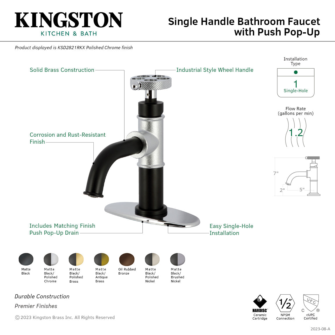 Webb KSD2823RKX Single-Handle 1-Hole Deck Mount Bathroom Faucet with Knurled Handle and Push Pop-Up Drain, Matte Black/Antique Brass
