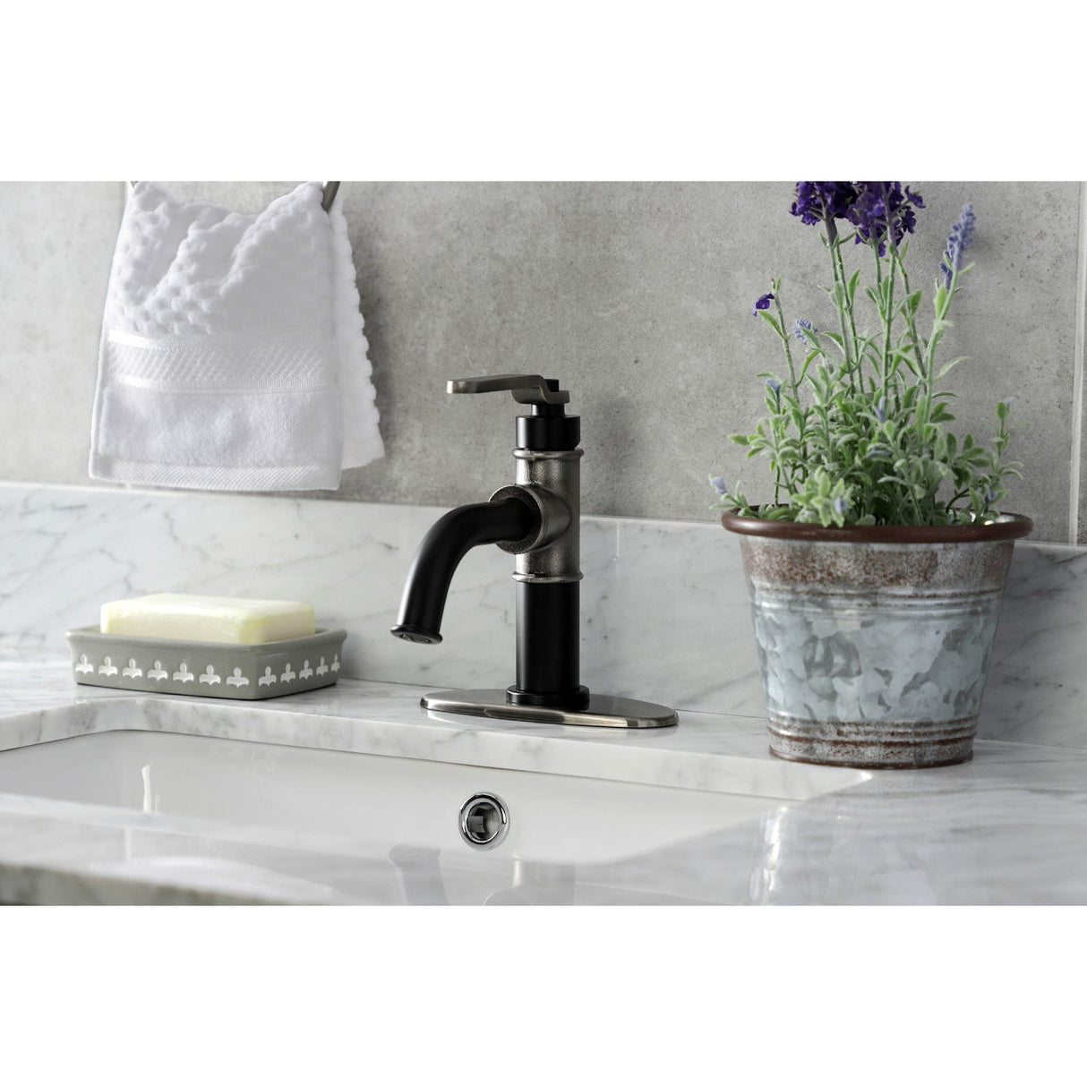 Whitaker KSD2824KL Single-Handle 1-Hole Deck Mount Bathroom Faucet with Push Pop-Up and Deck Plate, Matte Black/Black Stainless
