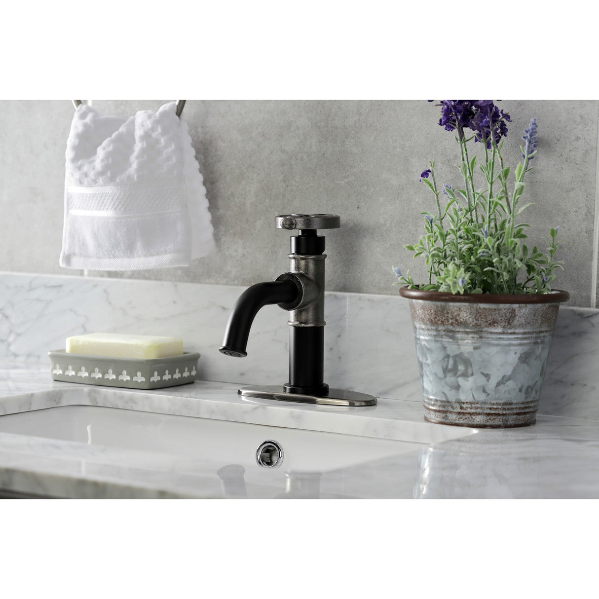 Belknap KSD2824RX Single-Handle 1-Hole Deck Mount Bathroom Faucet with Push Pop-Up and Deck Plate, Matte Black/Black Stainless