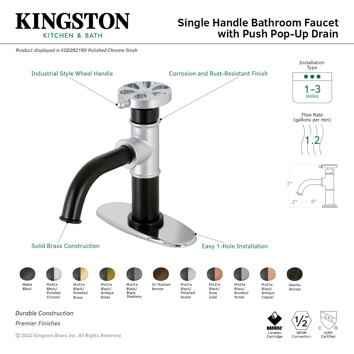 Belknap KSD2825RX Single-Handle 1-Hole Deck Mount Bathroom Faucet with Push Pop-Up and Deck Plate, Oil Rubbed Bronze