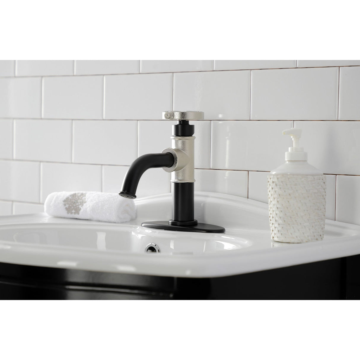Belknap KSD2826RX Single-Handle 1-Hole Deck Mount Bathroom Faucet with Push Pop-Up and Deck Plate, Matte Black/Polished Nickel