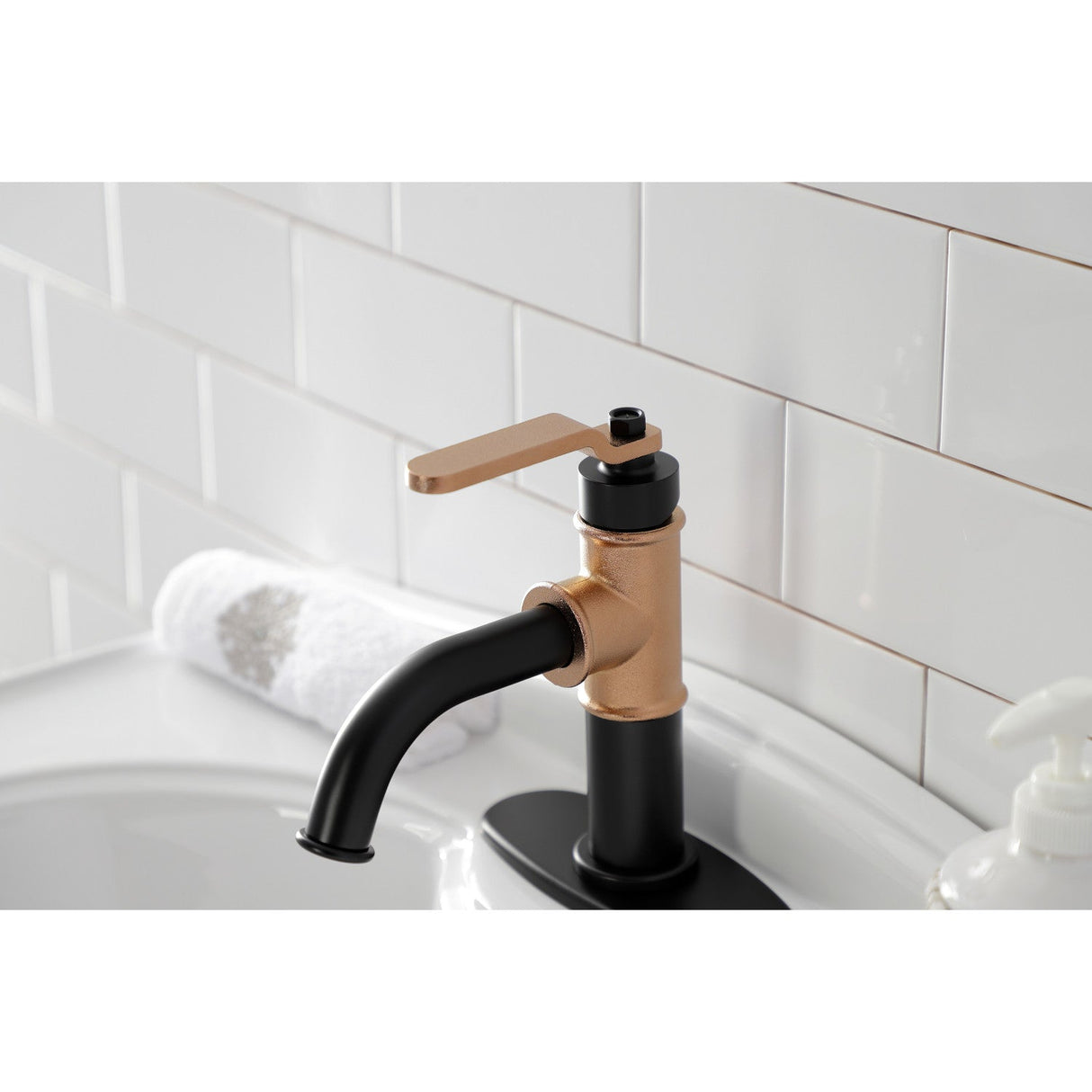 Whitaker KSD2827KL Single-Handle 1-Hole Deck Mount Bathroom Faucet with Push Pop-Up and Deck Plate, Matte Black/Rose Gold