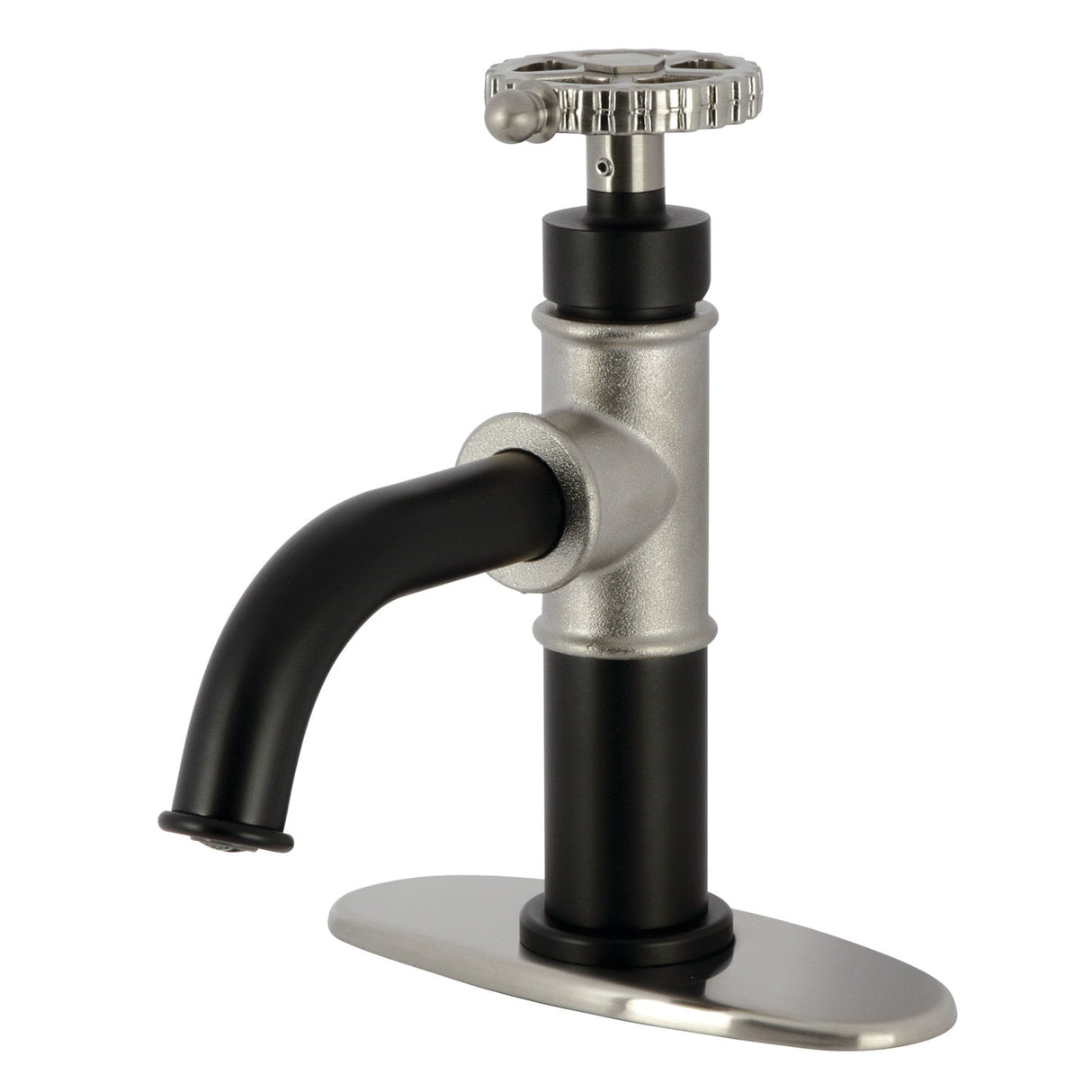 Fuller KSD2828CG Single-Handle 1-Hole Deck Mount Bathroom Faucet with Push Pop-Up and Deck Plate, Matte Black/Brushed Nickel