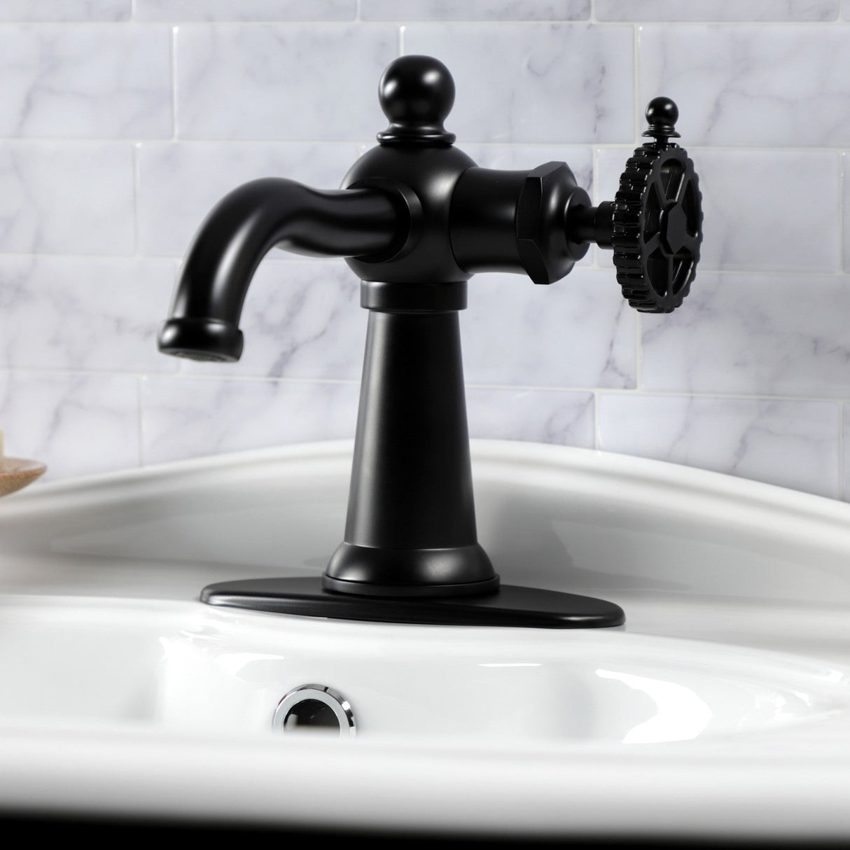 Fuller KSD3540CG Single-Handle 1-Hole Deck Mount Bathroom Faucet with Push Pop-Up and Deck Plate, Matte Black
