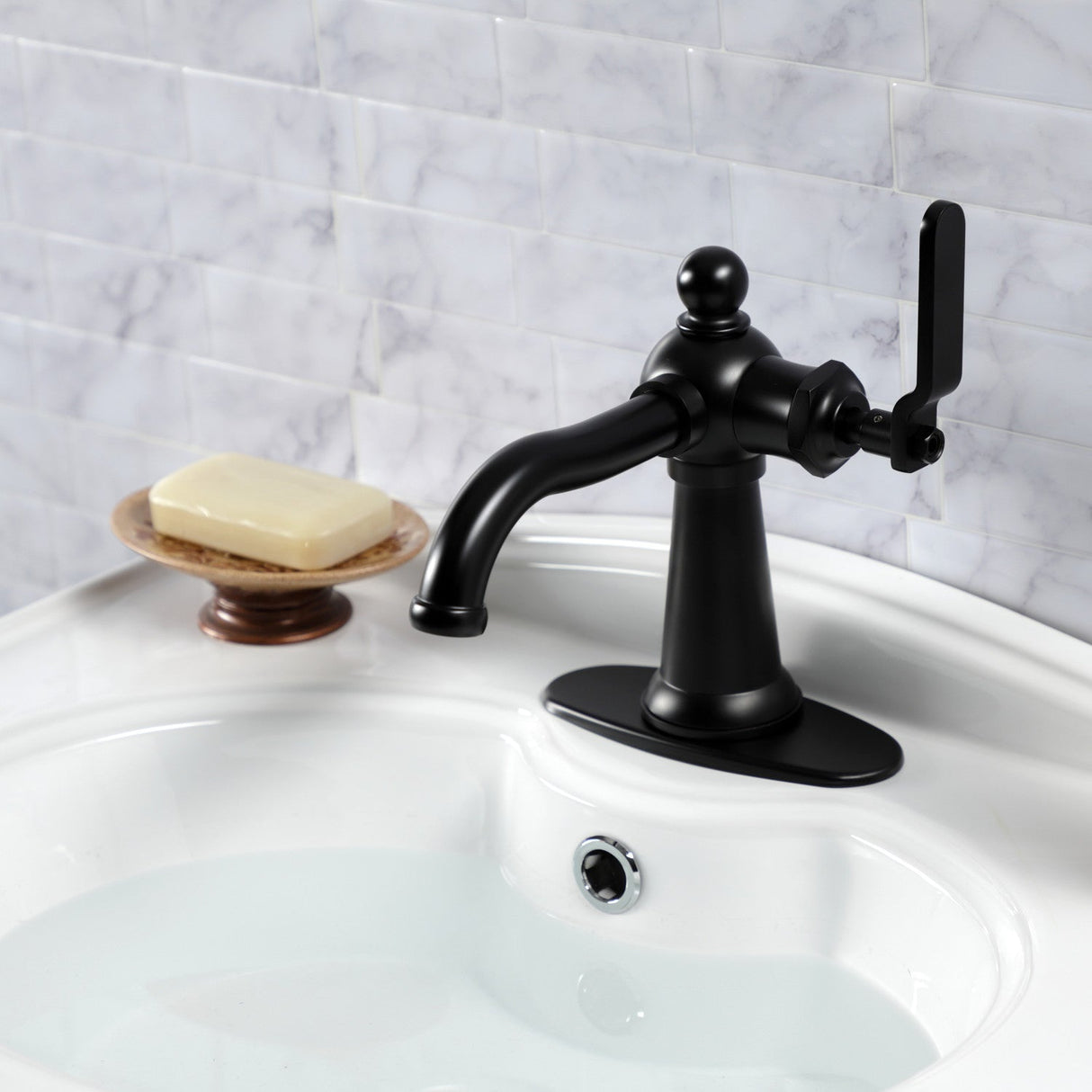 Knight KSD3540KL Single-Handle 1-Hole Deck Mount Bathroom Faucet with Push Pop-Up and Deck Plate, Matte Black