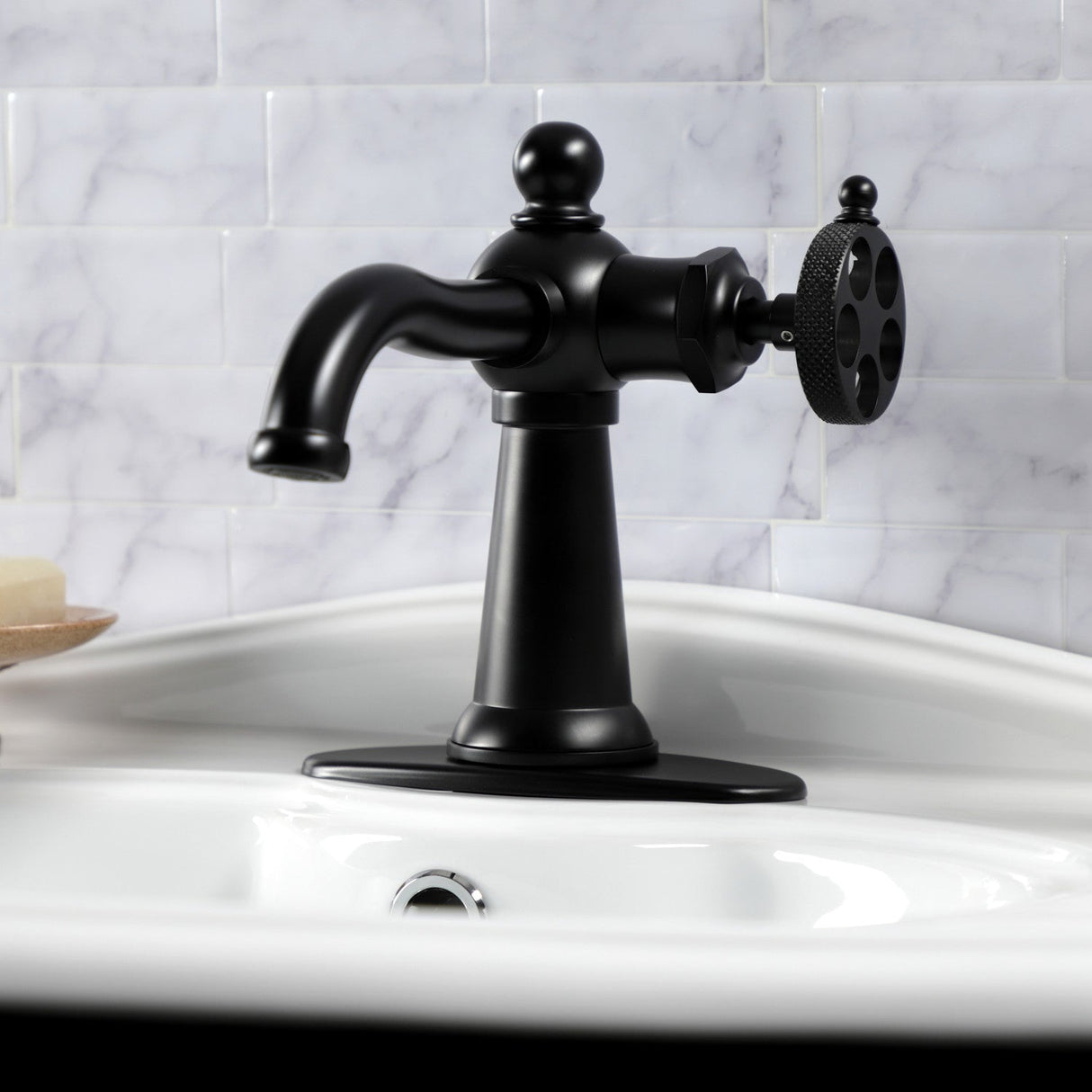 Webb KSD3540RKX Single-Handle 1-Hole Deck Mount Bathroom Faucet with Knurled Handle and Push Pop-Up Drain, Matte Black