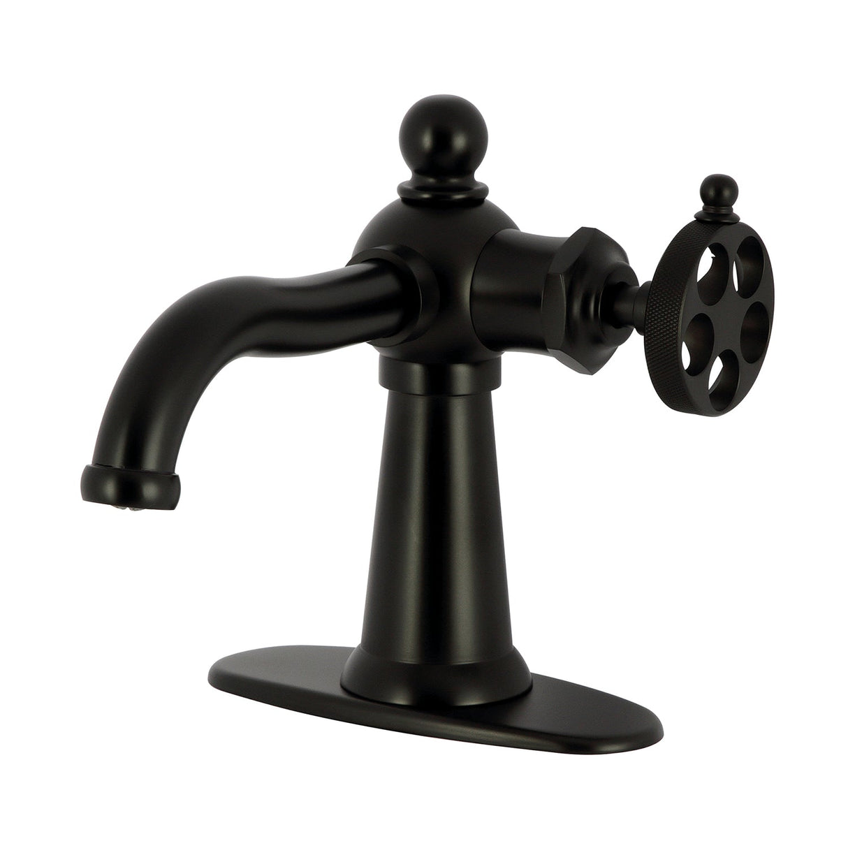 Wendell KSD3540RKZ Single-Handle 1-Hole Deck Mount Bathroom Faucet with Knurled Handle and Push Pop-Up Drain, Matte Black