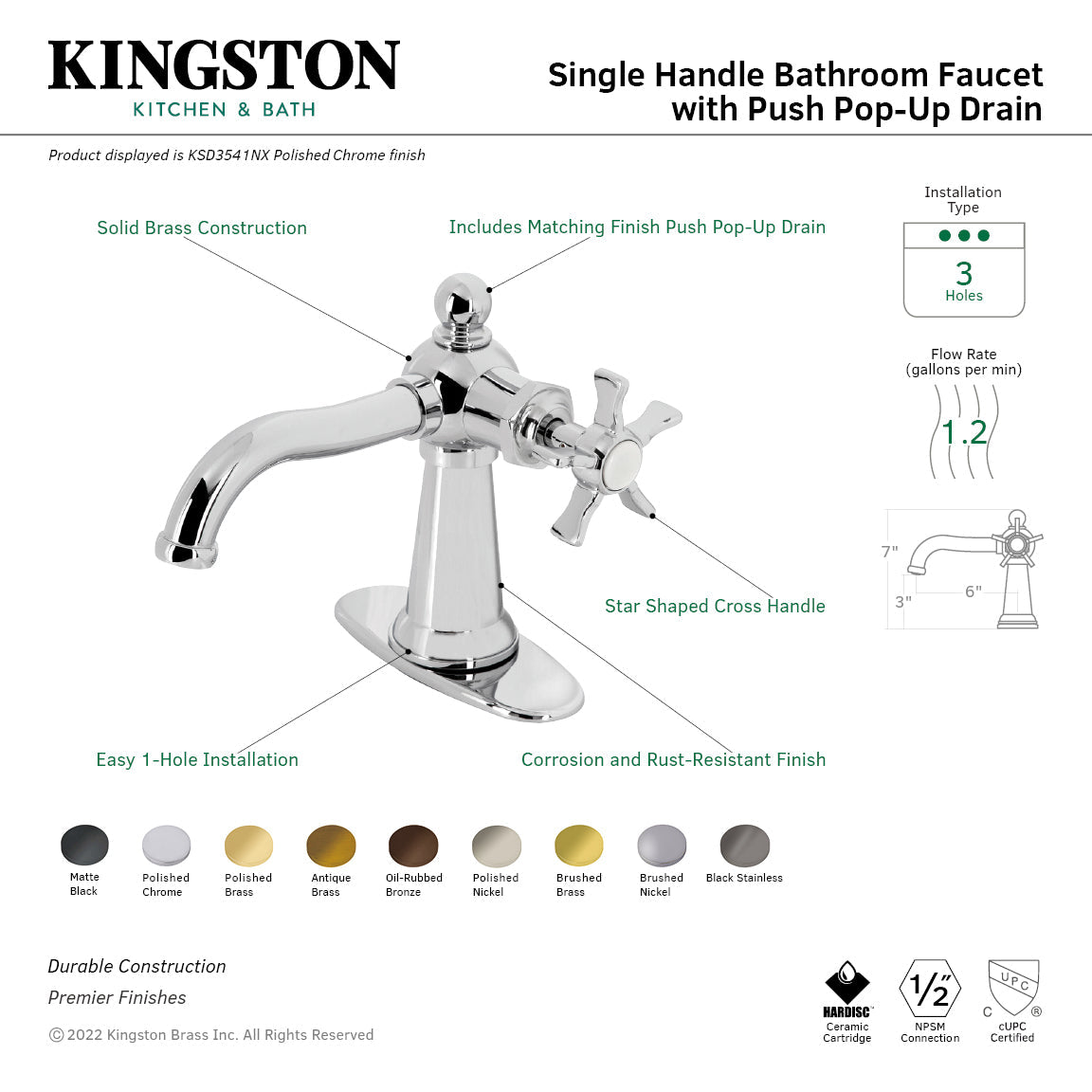 Hamilton KSD3542NX Single-Handle 1-Hole Deck Mount Bathroom Faucet with Push Pop-Up and Deck Plate, Polished Brass