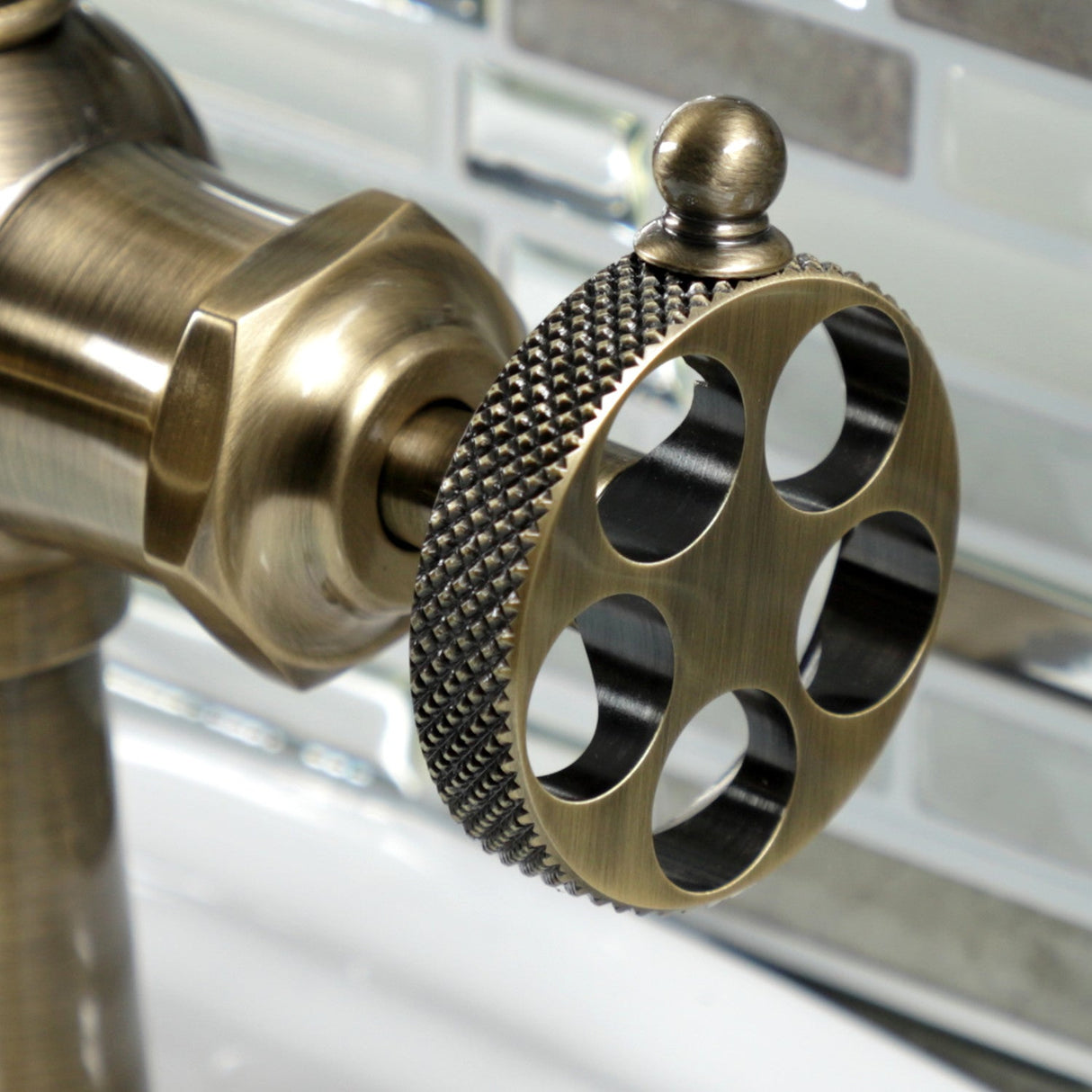 Webb KSD3543RKX Single-Handle 1-Hole Deck Mount Bathroom Faucet with Knurled Handle and Push Pop-Up Drain, Antique Brass
