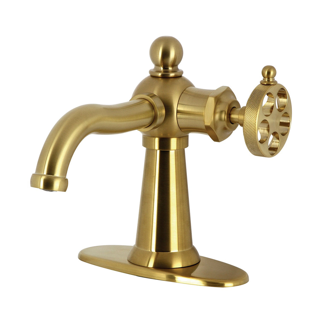 Wendell KSD3547RKZ Single-Handle 1-Hole Deck Mount Bathroom Faucet with Knurled Handle and Push Pop-Up Drain, Brushed Brass