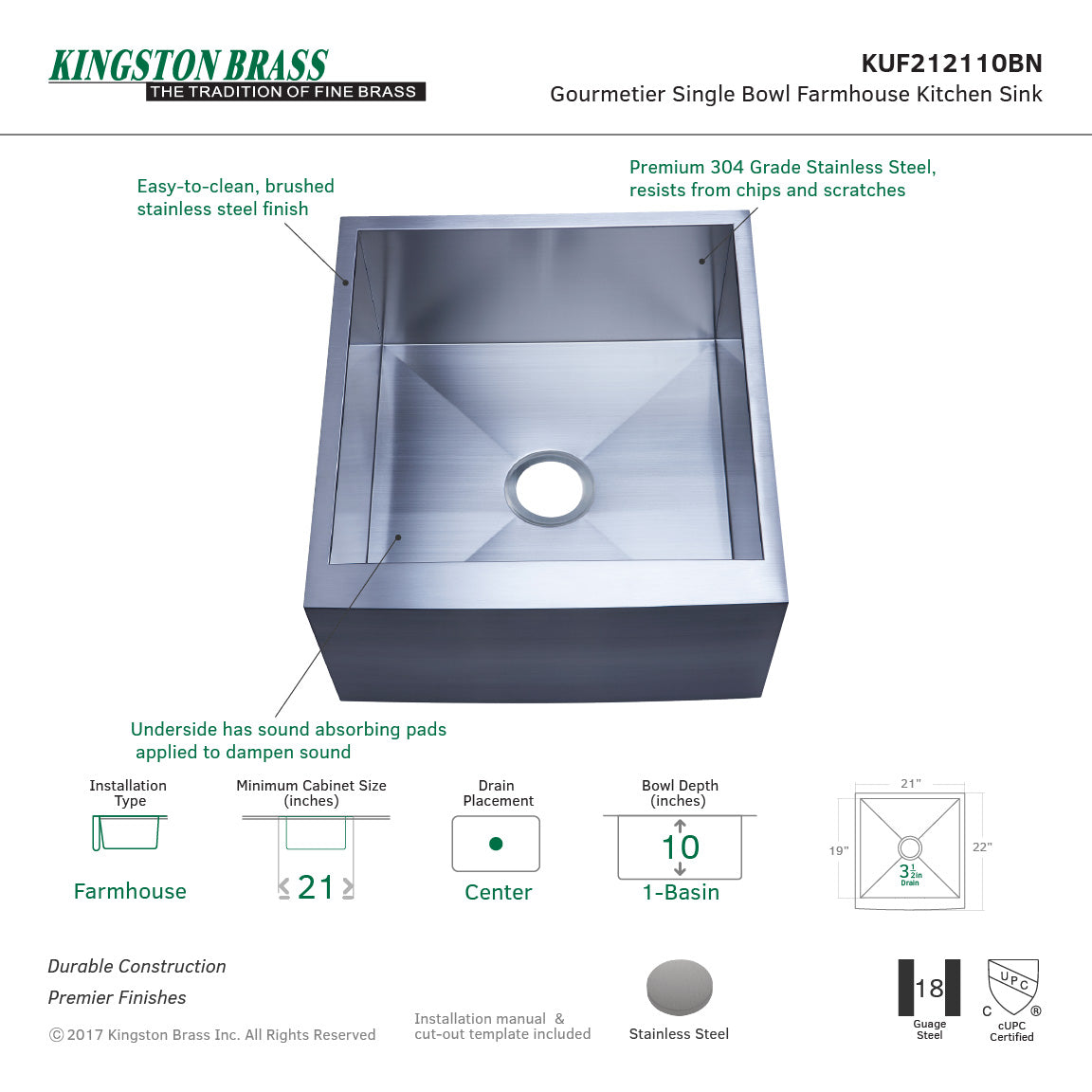 Denver KUF212110BN 21-Inch Stainless Steel Apron-Front Single Bowl Farmhouse Kitchen Sink, Brushed