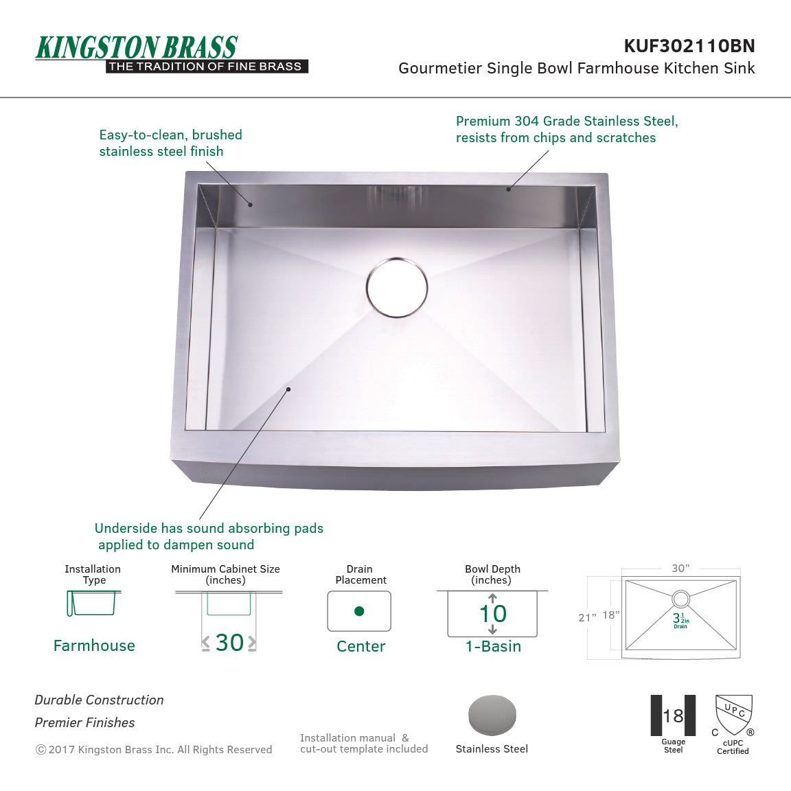 Denver KUF302110BN 30-Inch Stainless Steel Apron-Front Single Bowl Farmhouse Kitchen Sink, Brushed