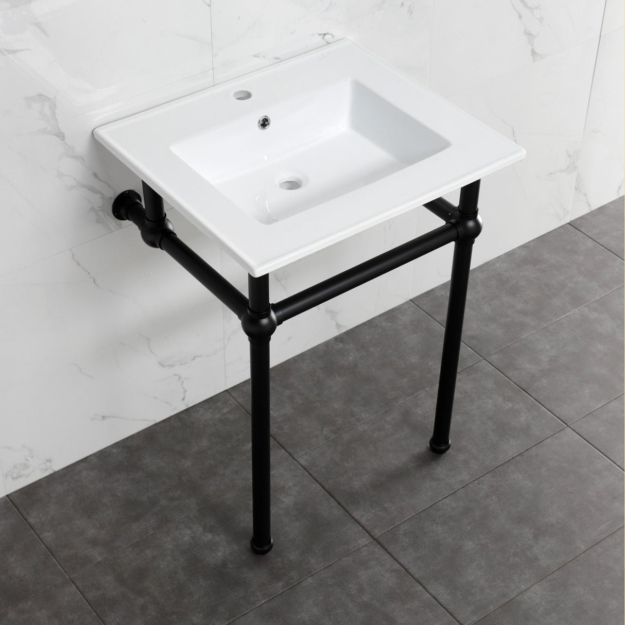 Fauceture KVBH252270 25-Inch Console Sink with Brass Legs (Single Faucet Hole), White/Matte Black