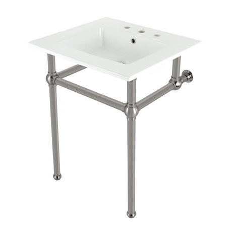 Fauceture KVBH25227W8B8 25-Inch Console Sink with Brass Legs (8-Inch, 3 Hole), White/Brushed Nickel