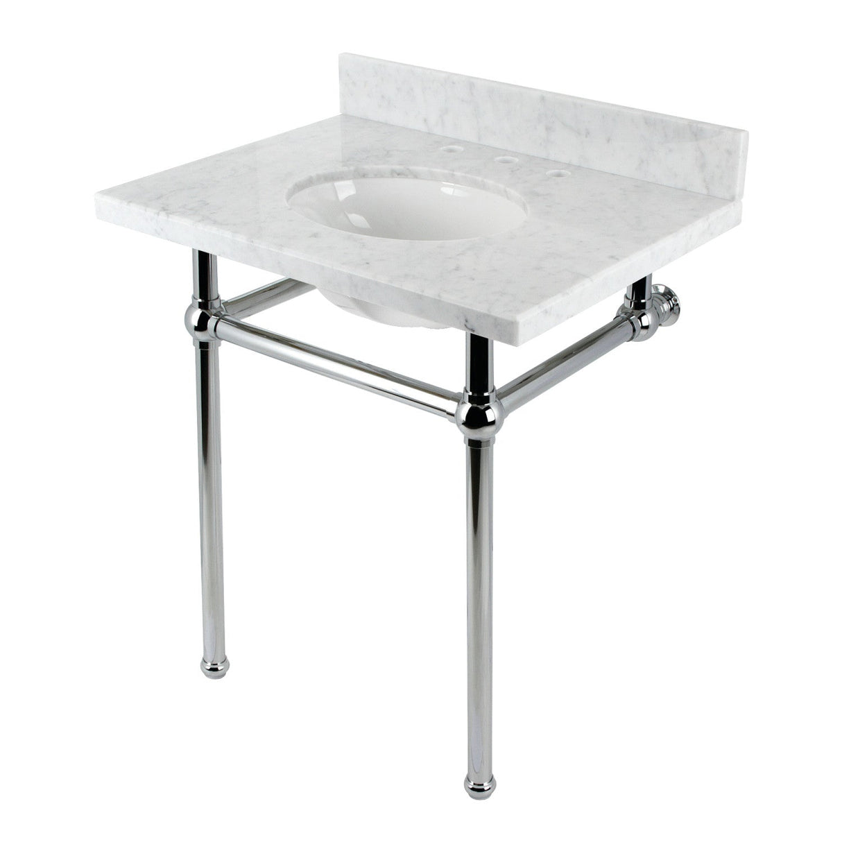 Fauceture KVBH3022M81 30-Inch Console Sink with Brass Legs (8-Inch, 3 Hole), Marble White/Polished Chrome
