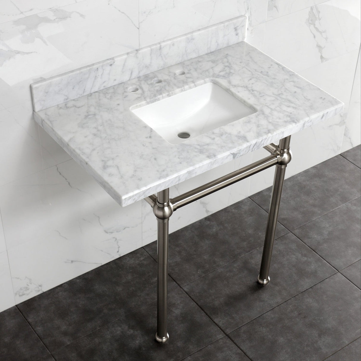 Fauceture KVBH3022M8SQ8 30-Inch Console Sink with Brass Legs (8-Inch, 3 Hole), Marble White/Brushed Nickel
