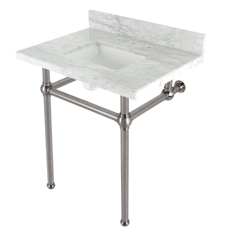 Fauceture KVBH3022M8SQ8 30-Inch Console Sink with Brass Legs (8-Inch, 3 Hole), Marble White/Brushed Nickel