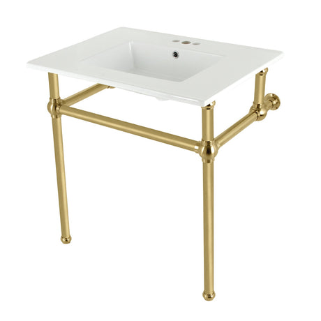 Fauceture KVBH31227W4B7 31-Inch Console Sink with Brass Legs (8-Inch, 3 Hole), White/Brushed Brass