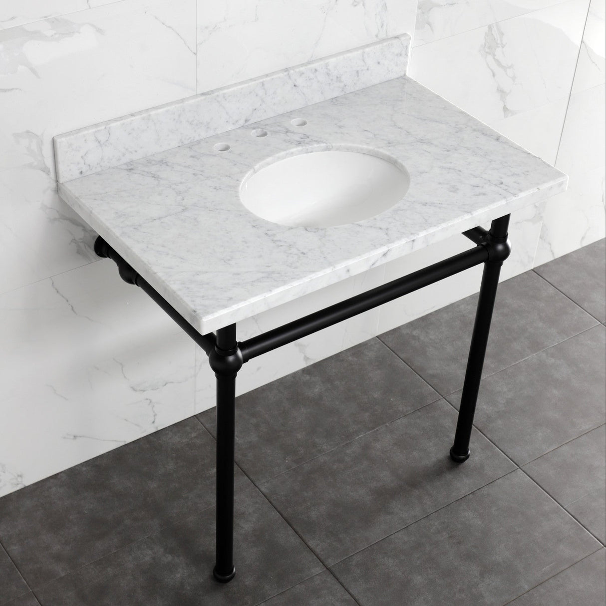 Fauceture KVBH3622M80 36-Inch Console Sink with Brass Legs (8-Inch, 3 Hole), Marble White/Matte Black