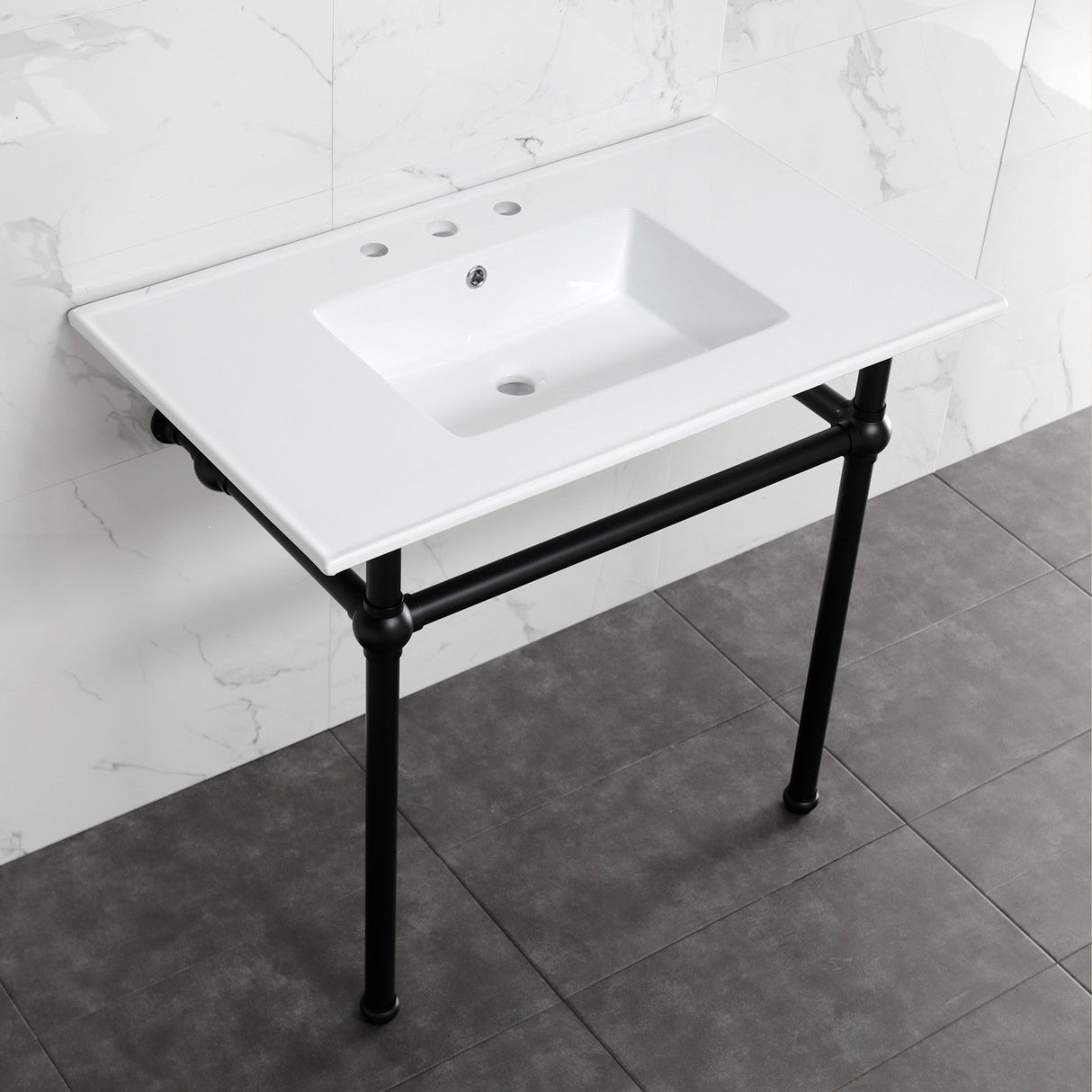 Fauceture KVBH37227W8MB 37-Inch Console Sink with Brass Legs (8-Inch, 3 Hole), White/Matte Black