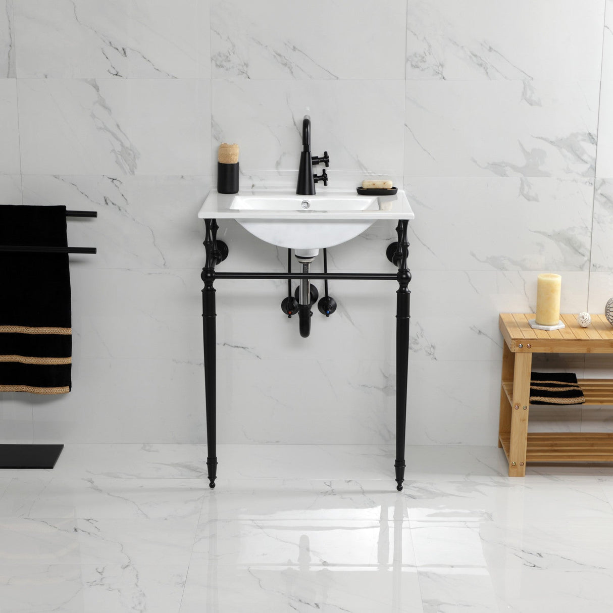 Edwardian KVPB24187W1MB 24-Inch Console Sink with Brass Legs (Single Faucet Hole), White/Matte Black