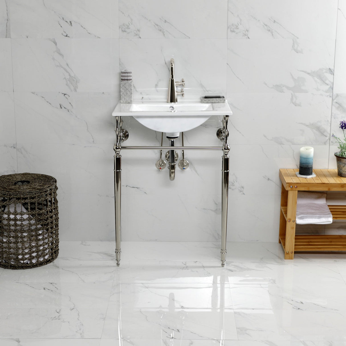 Edwardian KVPB24187W1PN 24-Inch Console Sink with Brass Legs (Single Faucet Hole), White/Polished Nickel