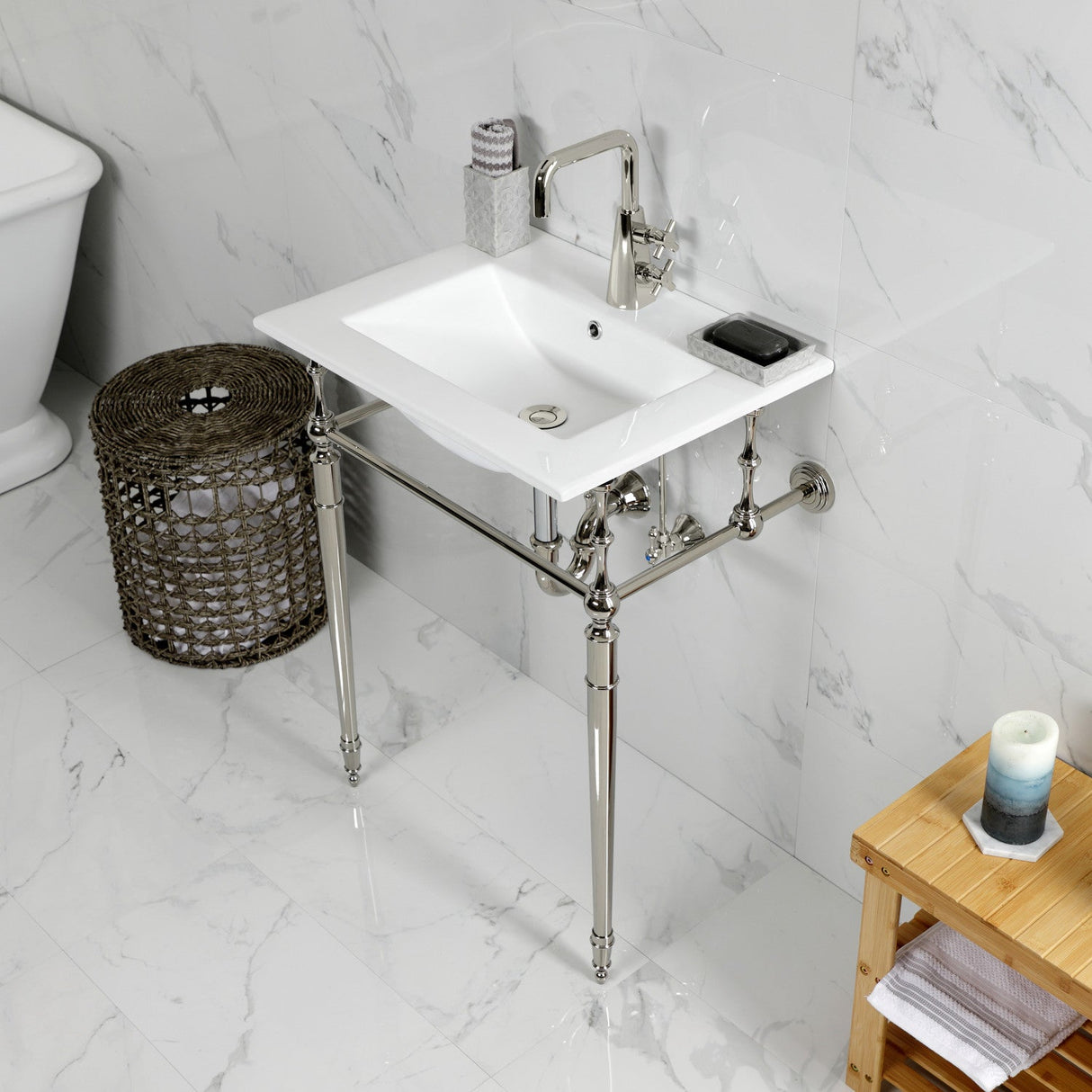 Edwardian KVPB24187W1PN 24-Inch Console Sink with Brass Legs (Single Faucet Hole), White/Polished Nickel