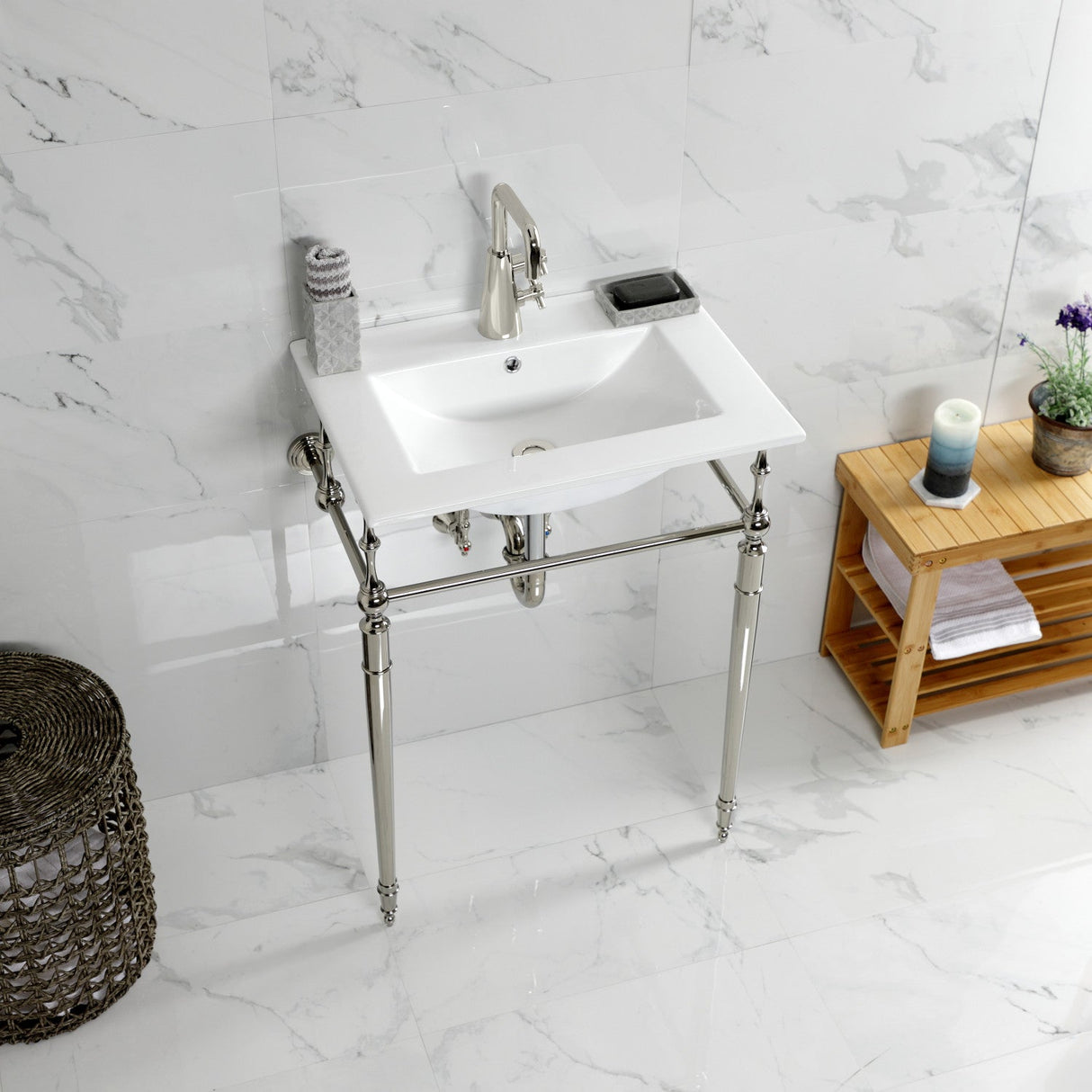 Edwardian KVPB24187W1PN 24-Inch Console Sink with Brass Legs (Single Faucet Hole), White/Polished Nickel