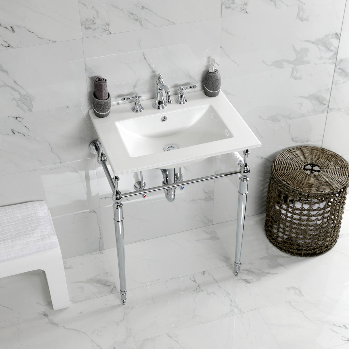 Edwardian KVPB24187W8CP 24-Inch Console Sink with Brass Legs (8-Inch, 3 Hole), White/Polished Chrome