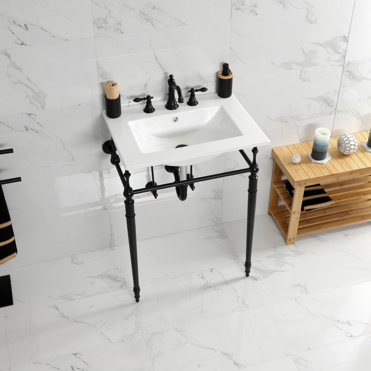 Edwardian KVPB24187W8MB 24-Inch Console Sink with Brass Legs (8-Inch, 3 Hole), White/Matte Black