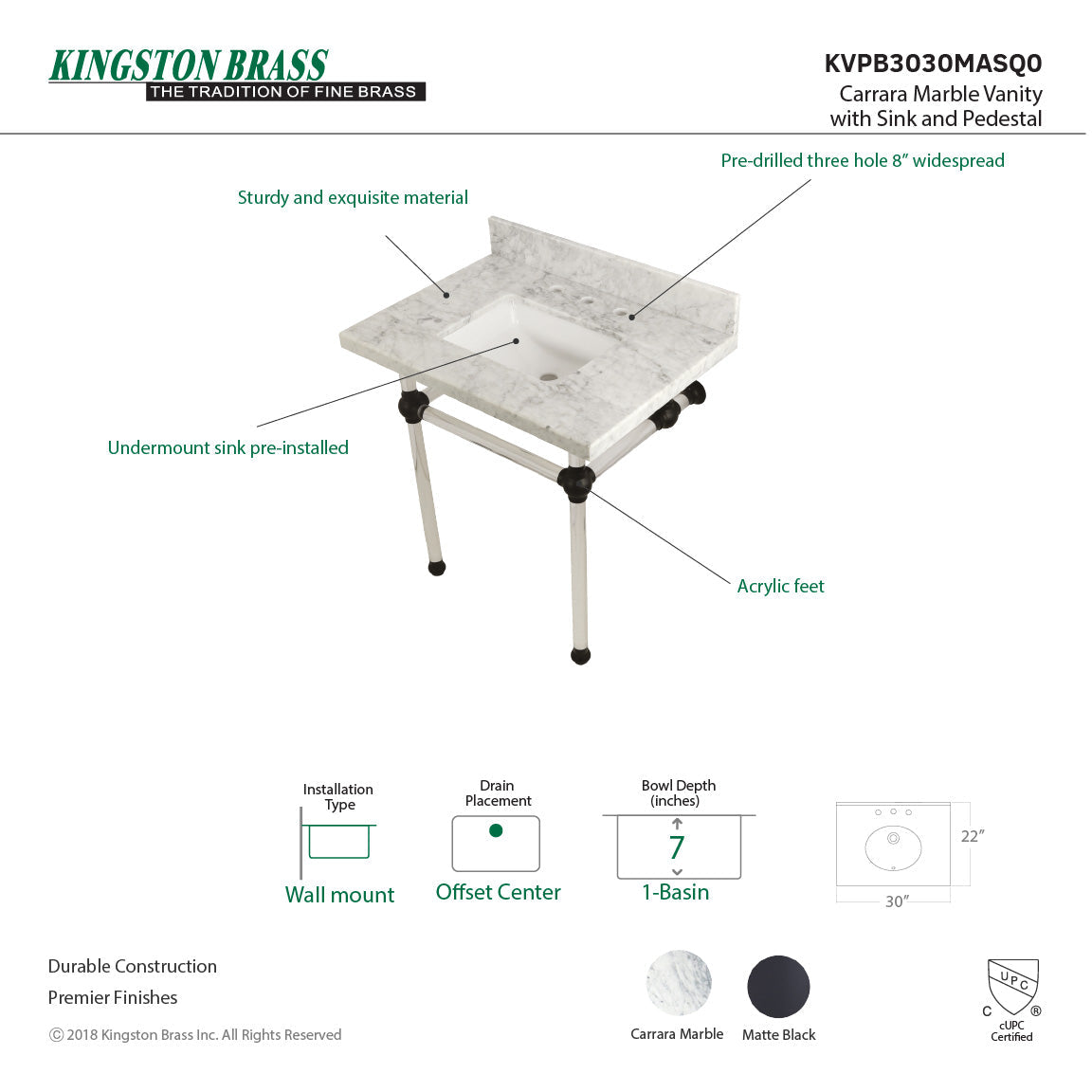 Fauceture KVPB3030MASQ0 30-Inch Marble Console Sink with Acrylic Feet, Carrara Marble/Matte Black