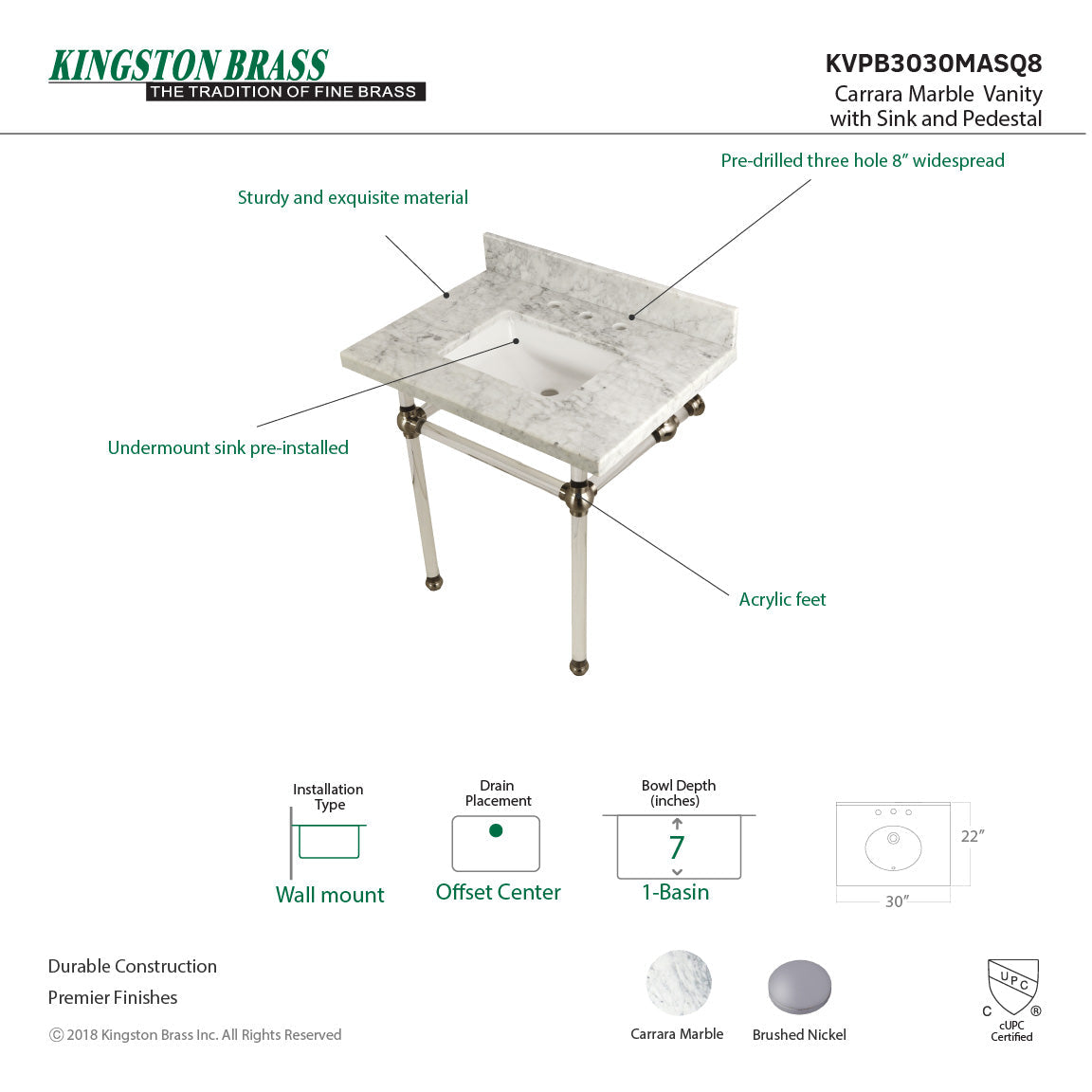 Fauceture KVPB3030MASQ8 30-Inch Marble Console Sink with Acrylic Feet, Carrara Marble/Brushed Nickel