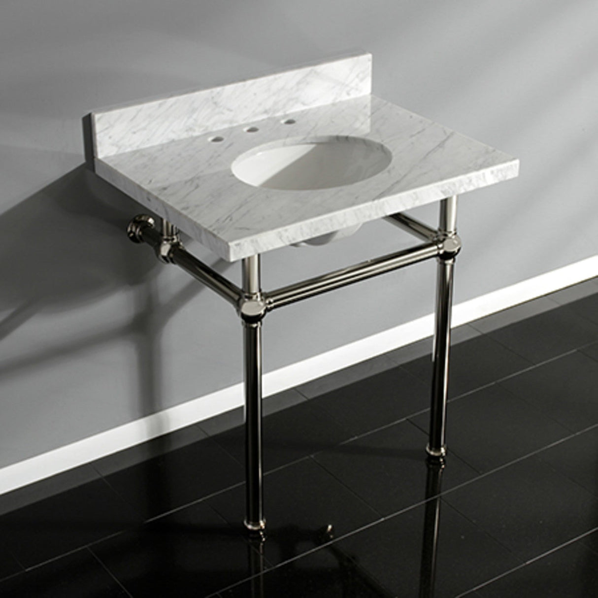 Fauceture KVPB3030MB6 30-Inch Marble Console Sink with Brass Feet, Carrara Marble/Polished Nickel