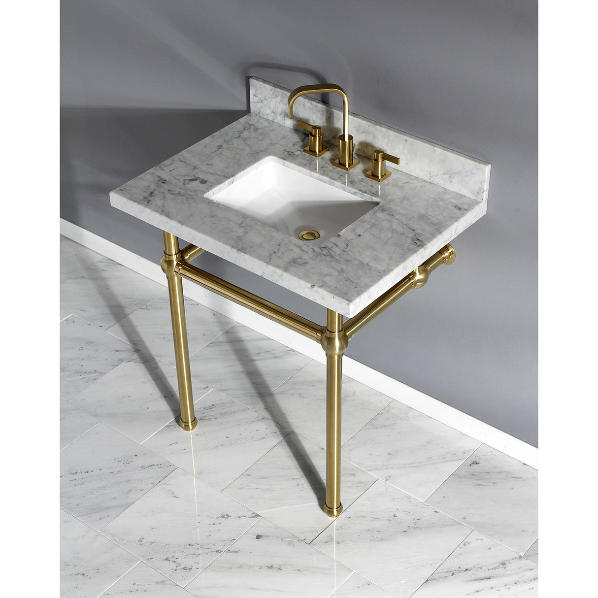Fauceture KVPB3030MBSQ7 30-Inch Marble Console Sink with Brass Feet, Carrara Marble/Brushed Brass