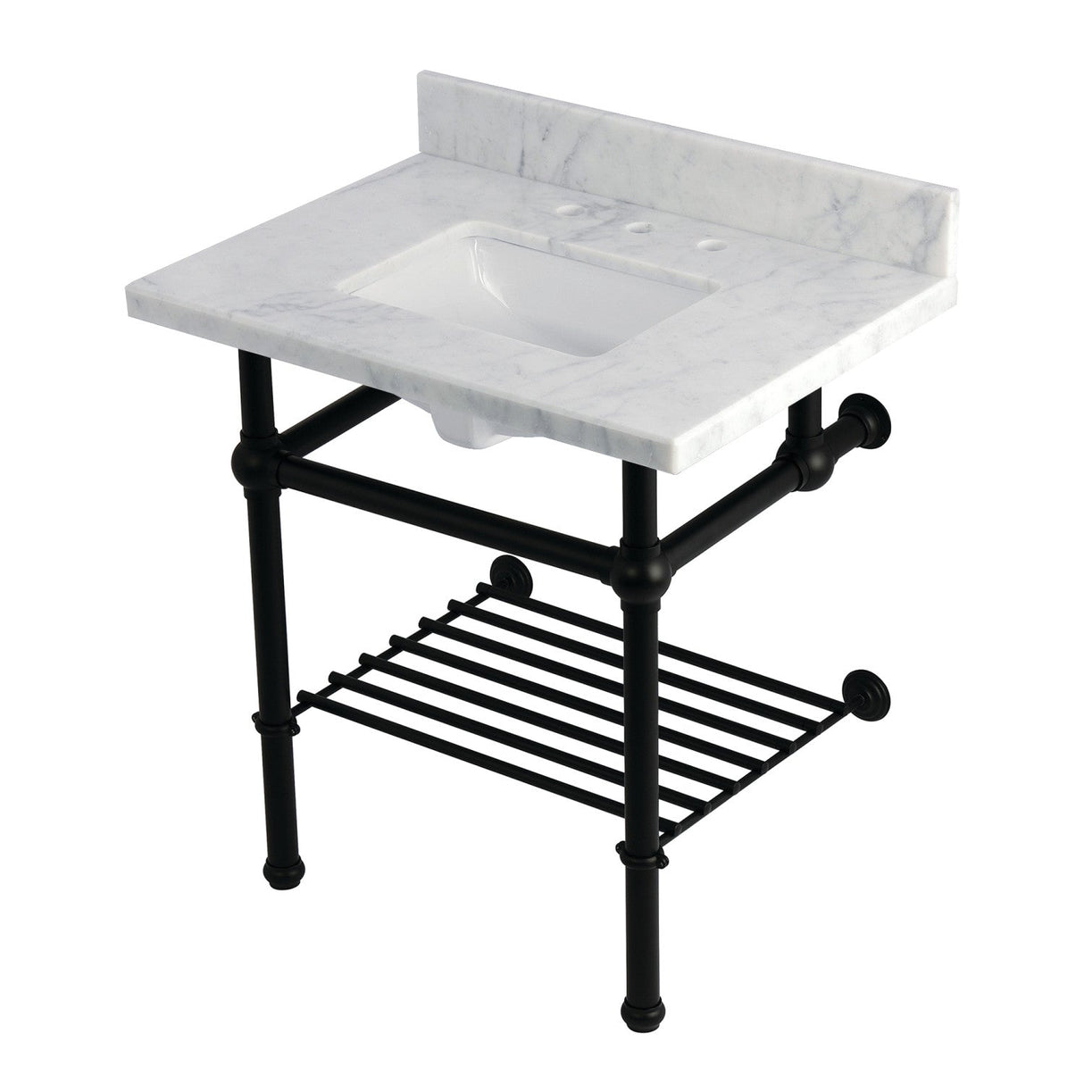 Templeton KVPB3030MBSQB0 30-Inch Console Sink with Brass Legs (8-Inch, 3 Hole), Carrara Marble/Matte Black