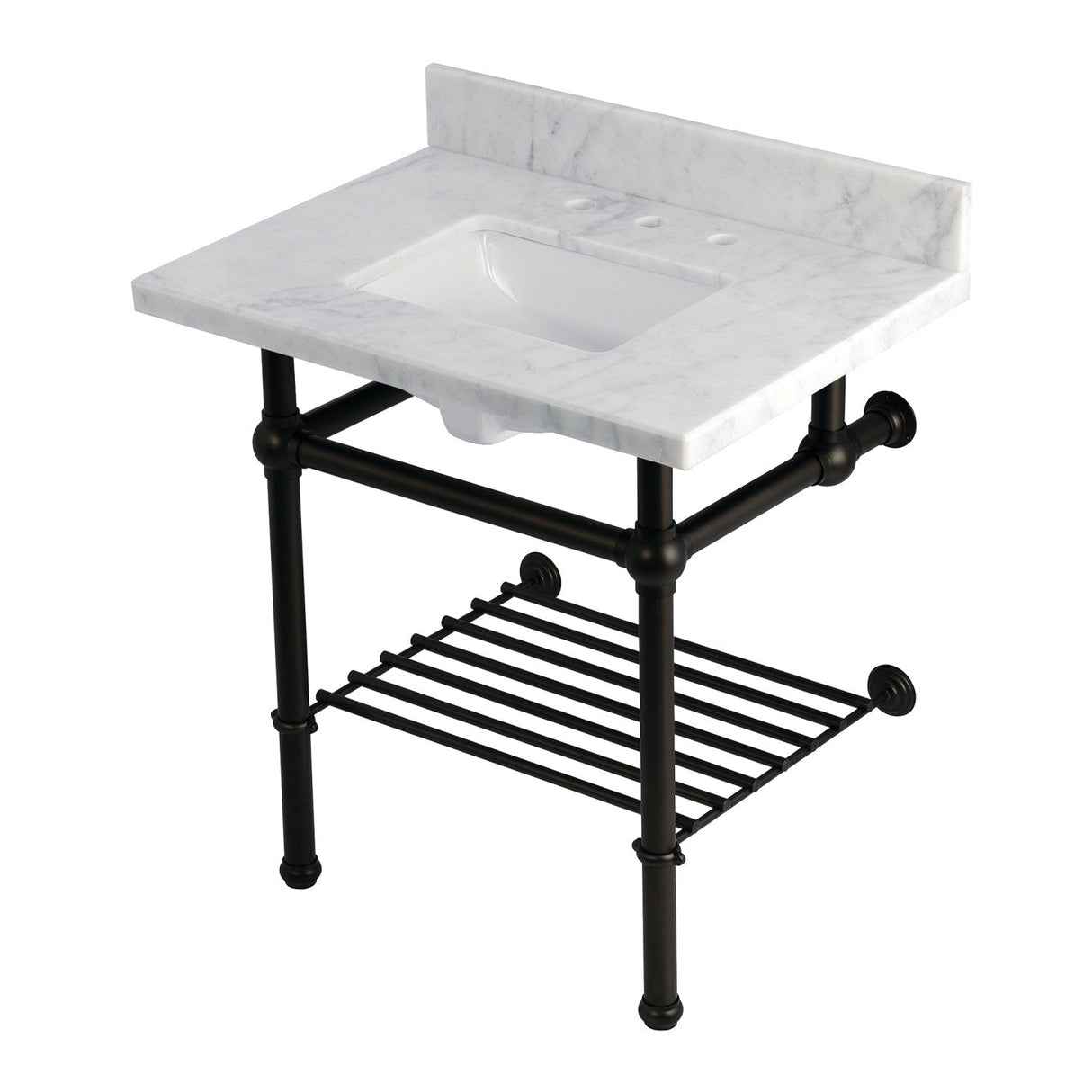Templeton KVPB3030MBSQB5 30-Inch Console Sink with Brass Legs (8-Inch, 3 Hole), Carrara Marble/Oil Rubbed Bronze