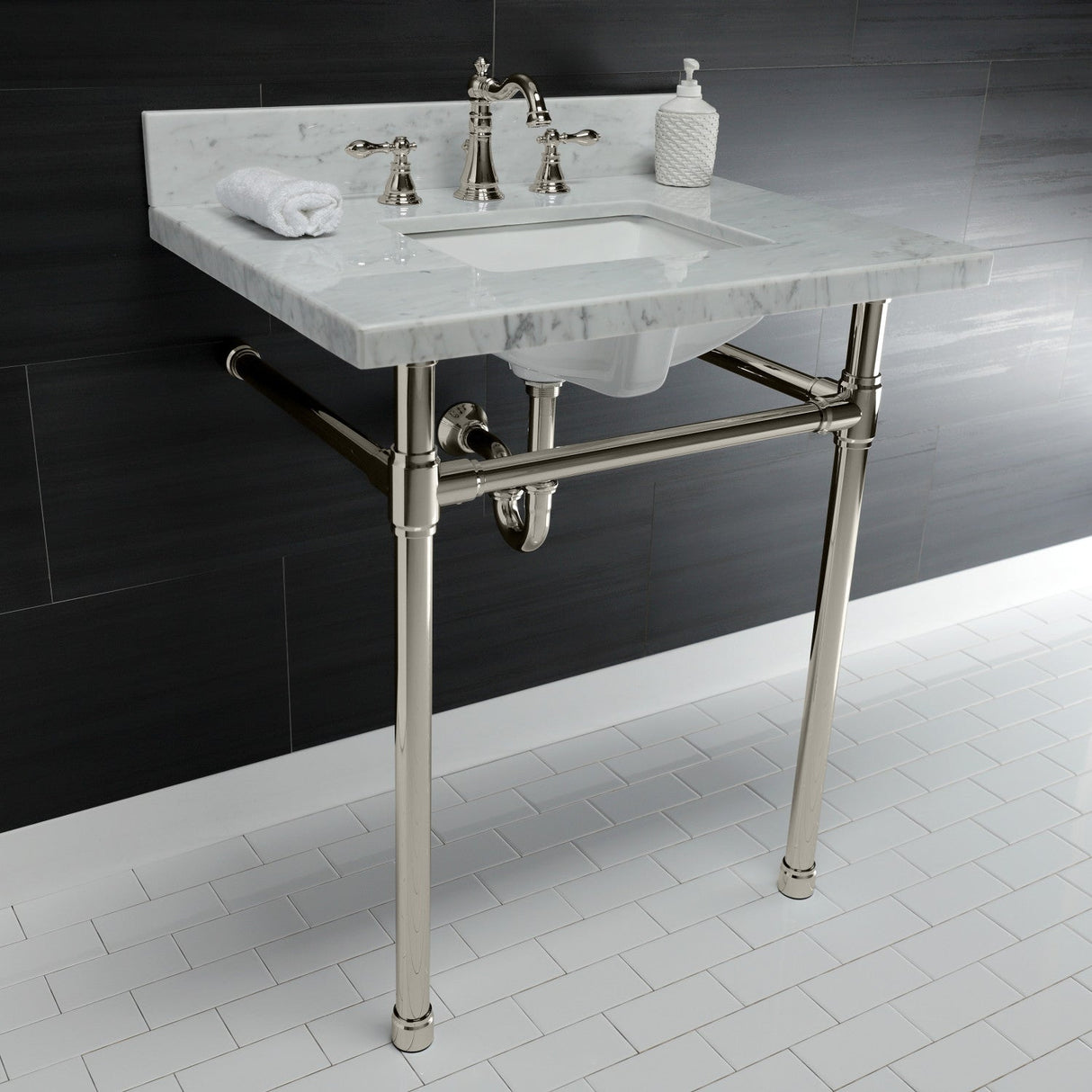 Dreyfuss KVPB30M8SQ6ST Console Sink, Marble White/Polished Nickel