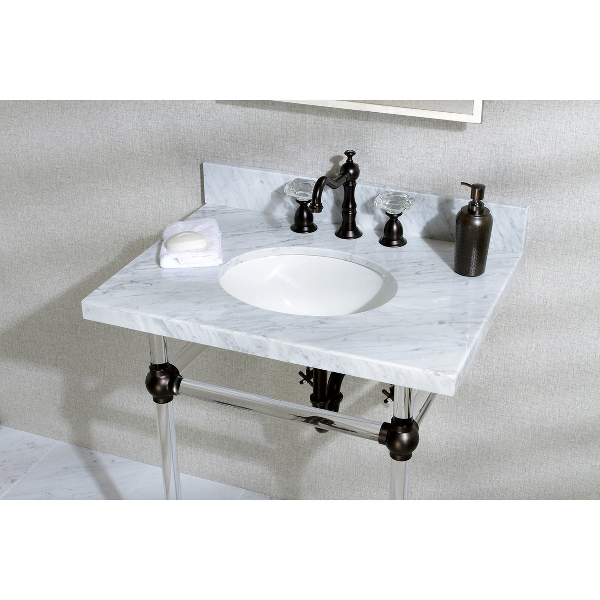 Fauceture KVPB30MA5 30-Inch Marble Console Sink with Acrylic Feet, Carrara Marble/Oil Rubbed Bronze