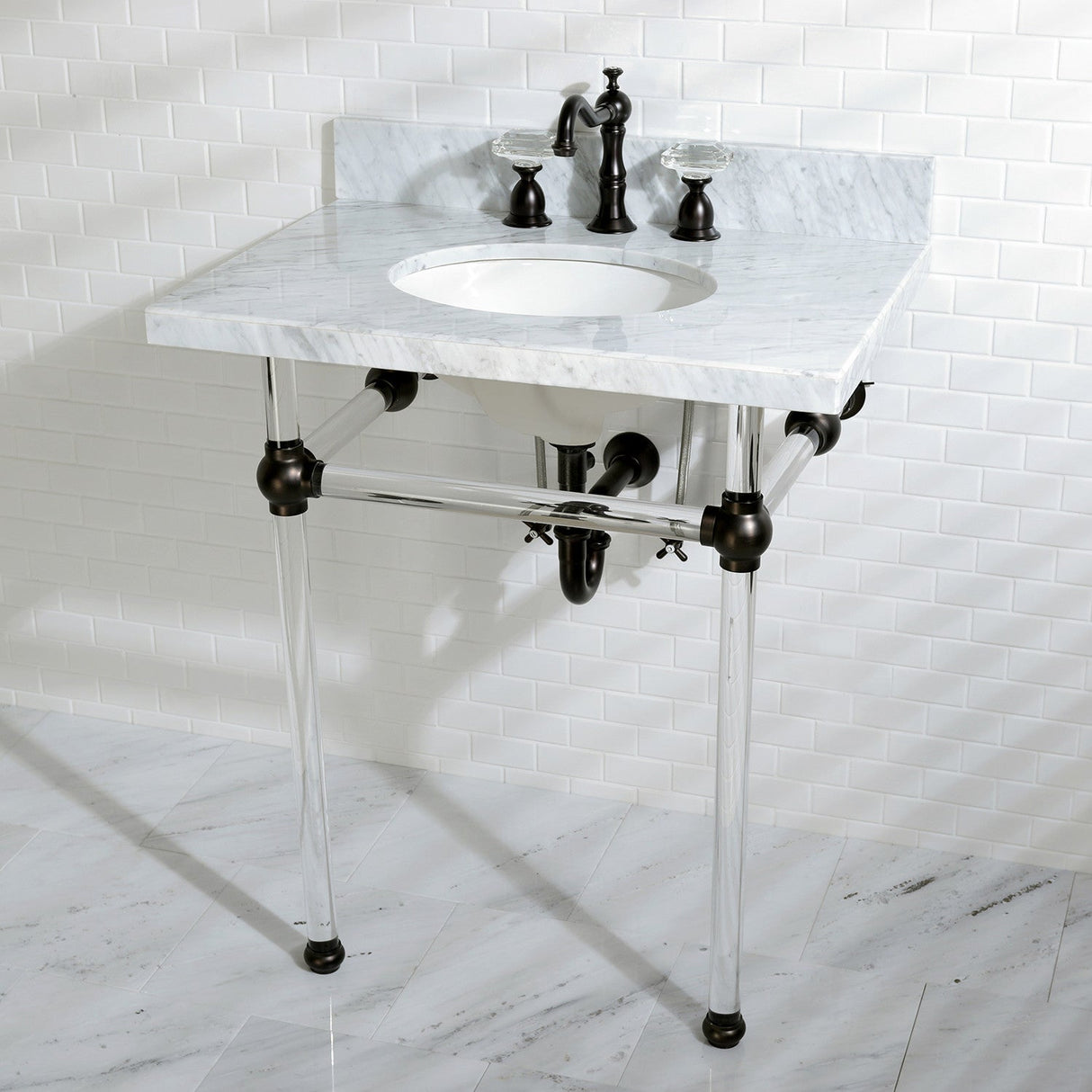 Fauceture KVPB30MA5 30-Inch Marble Console Sink with Acrylic Feet, Carrara Marble/Oil Rubbed Bronze