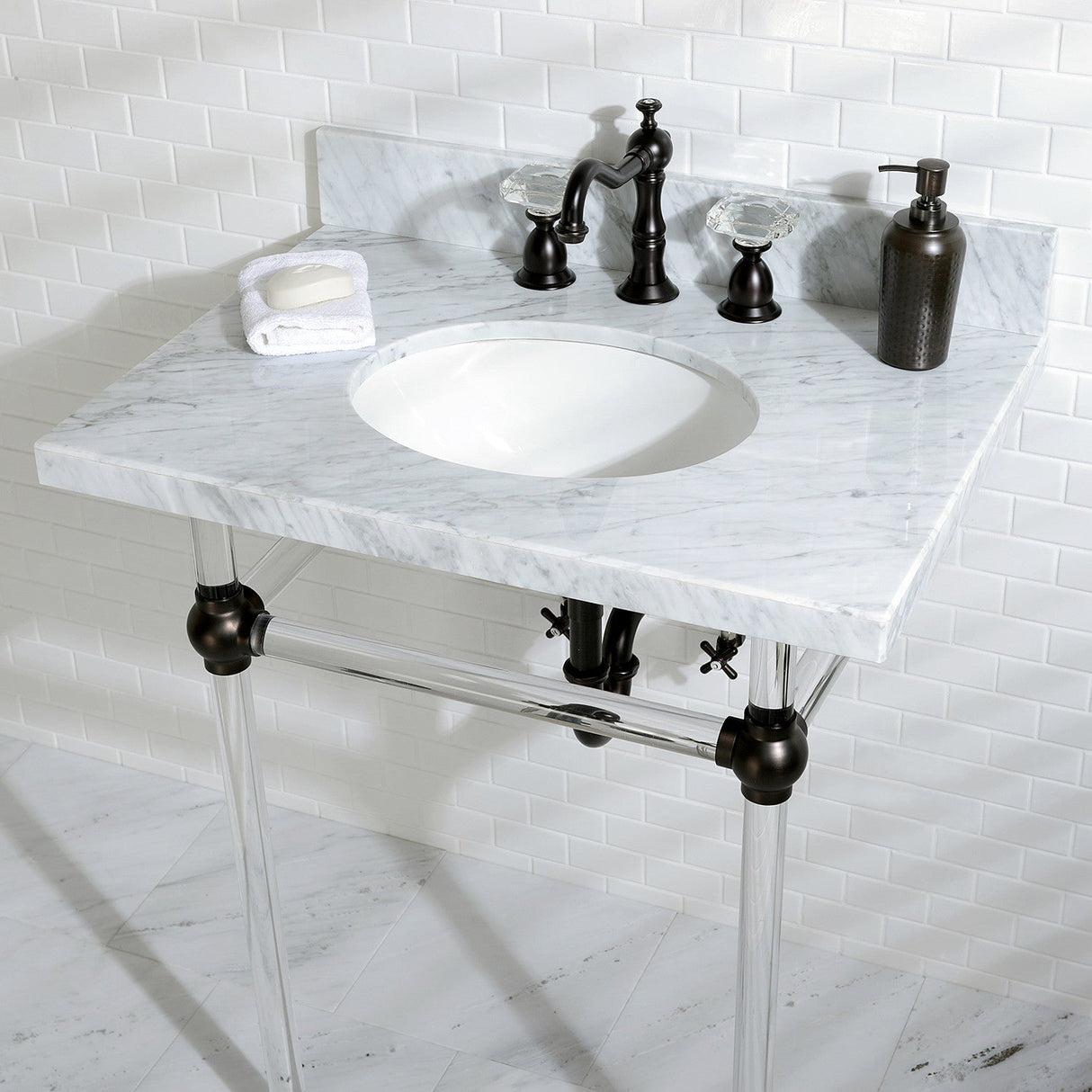 Fauceture KVPB30MA5 30-Inch Marble Console Sink with Acrylic Feet, Carrara Marble/Oil Rubbed Bronze