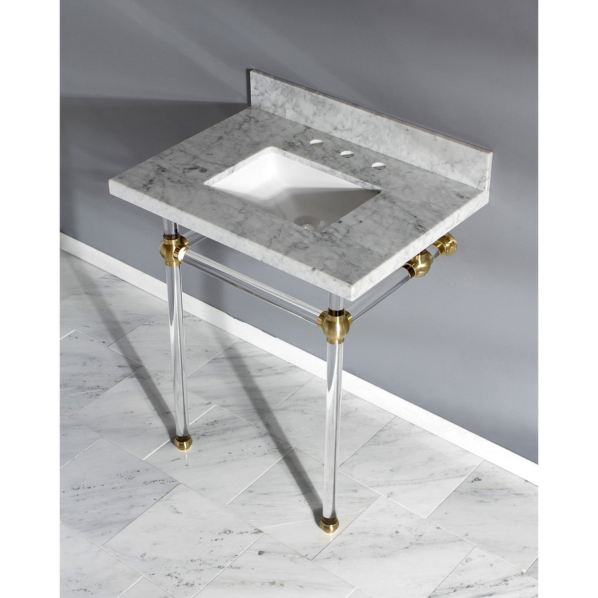 Fauceture KVPB30MASQ7 30-Inch Marble Console Sink with Acrylic Feet, Carrara Marble/Brushed Brass