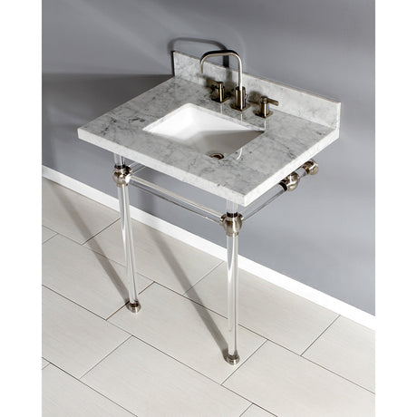 Fauceture KVPB30MASQ8 30-Inch Marble Console Sink with Acrylic Feet, Carrara Marble/Brushed Nickel